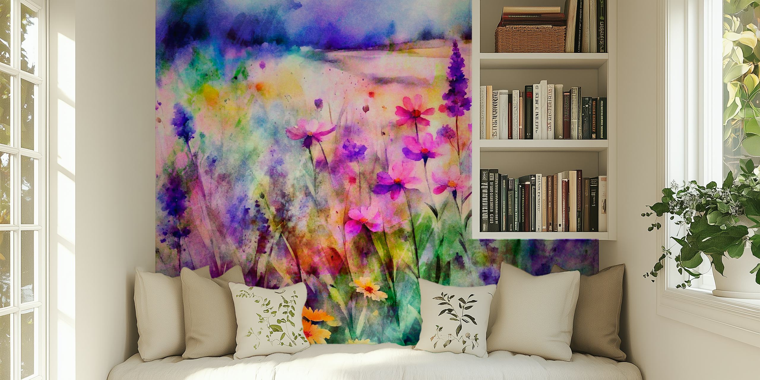 Färgglad akvarell tapet av ett drömskt blomsterlandskap