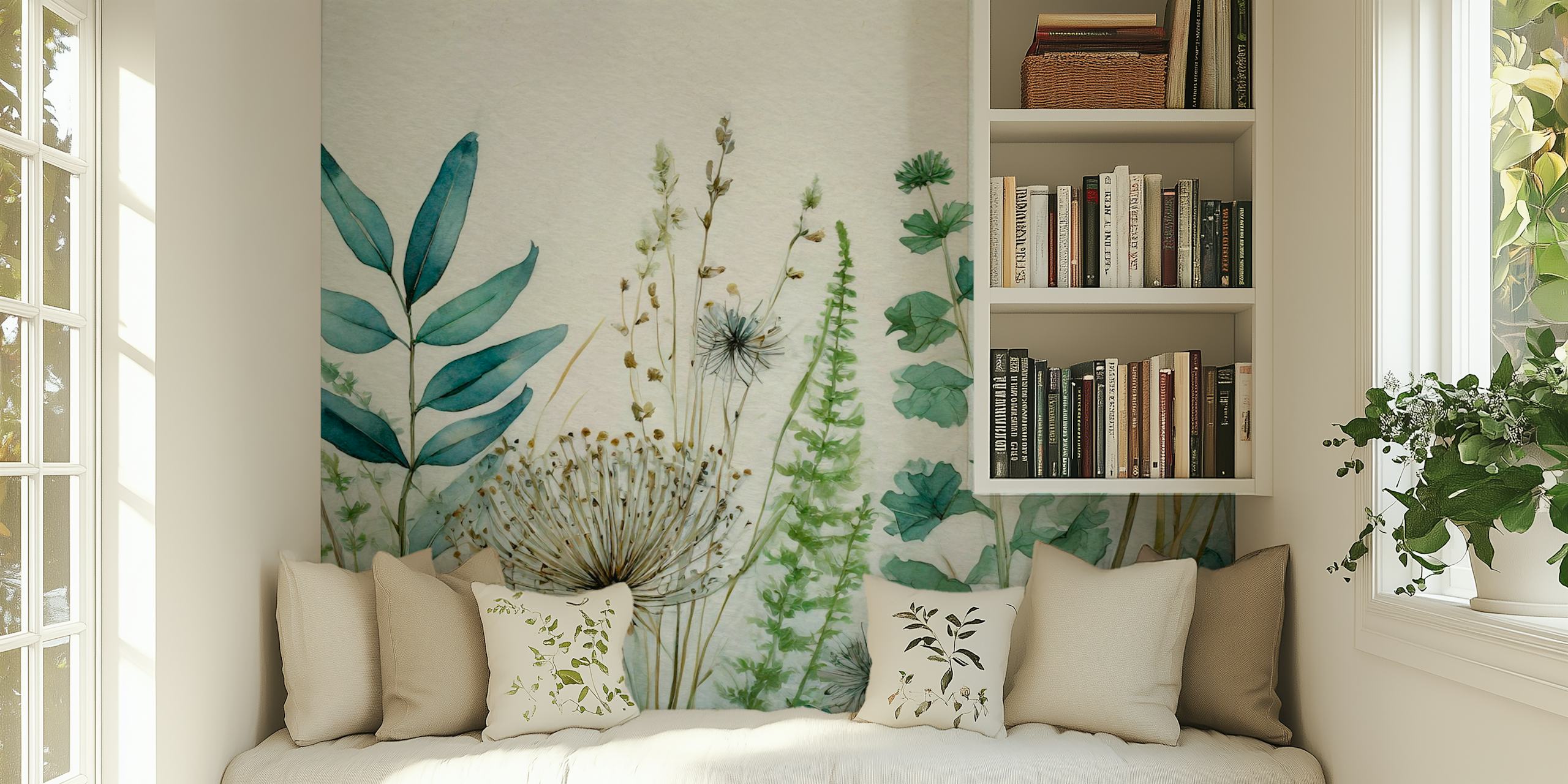 Fotomural vinílico elegante de prado de primavera selvagem com design botânico em tons pastéis
