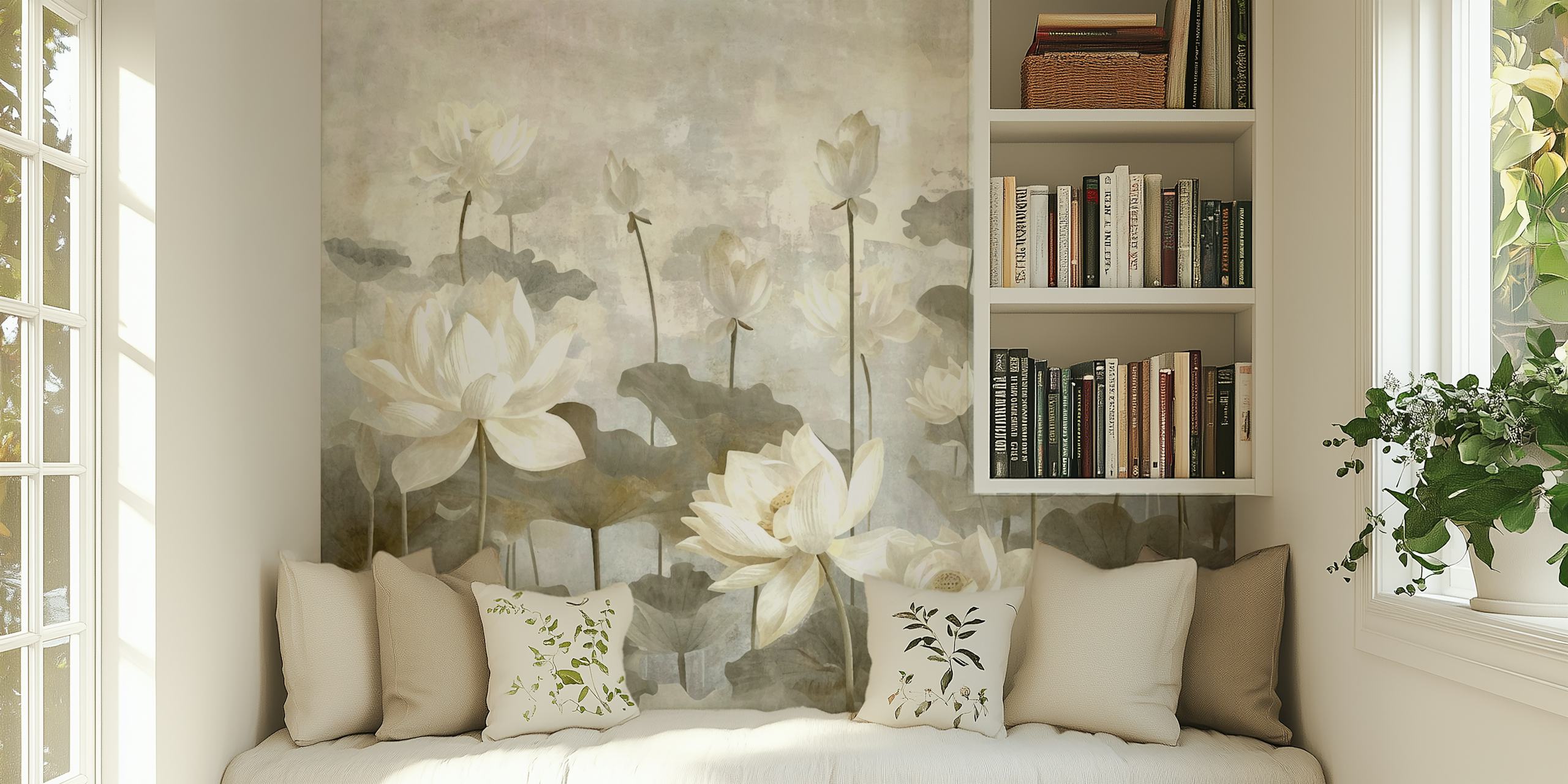 Watercolor-style white lotus flowers on gray background wallpaper