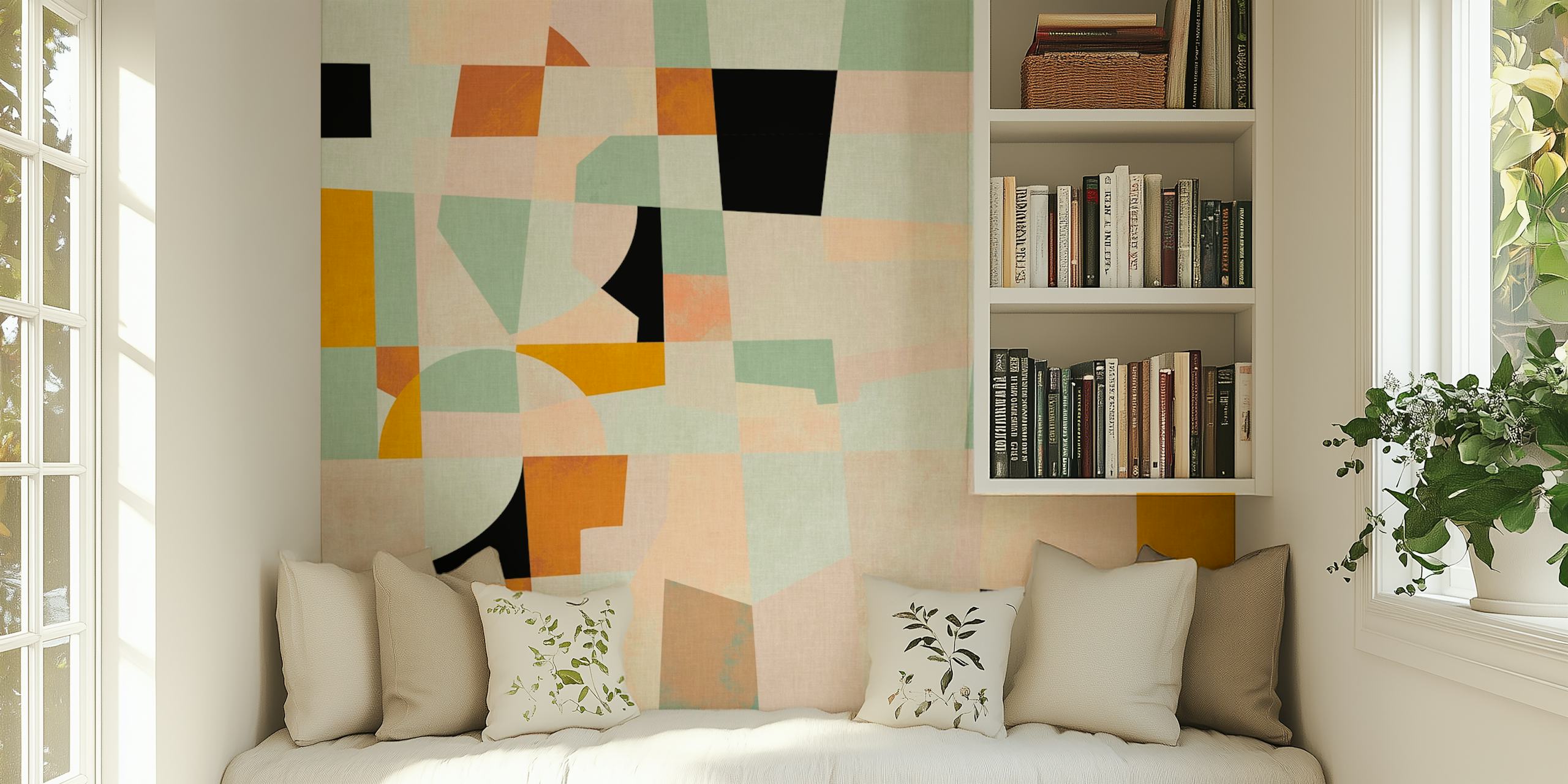 Muting colored geometric shapes in pastel green, black, and orange wallpaper