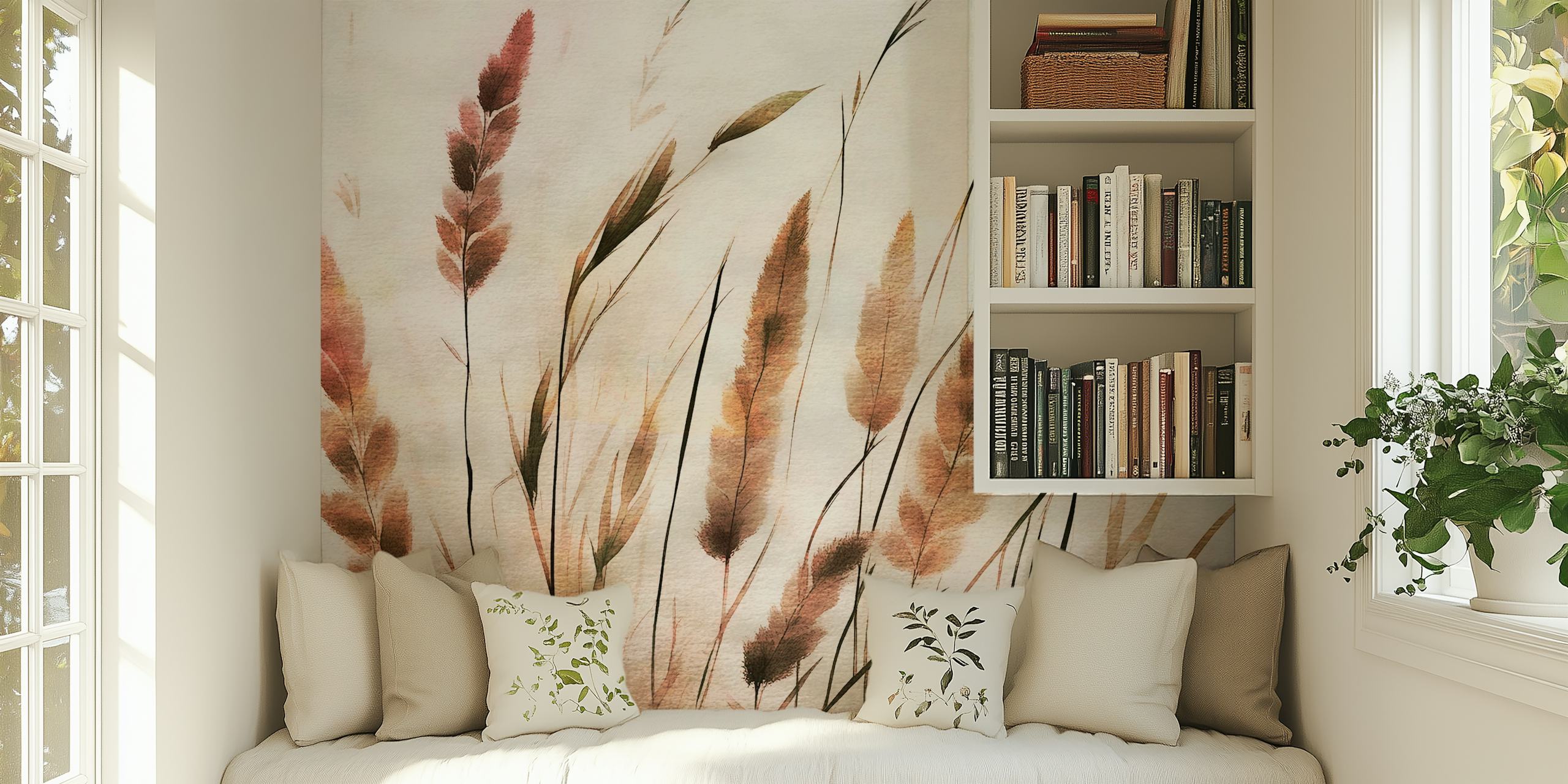 Watercolor pampas grass in soft earthy tones wallpaper