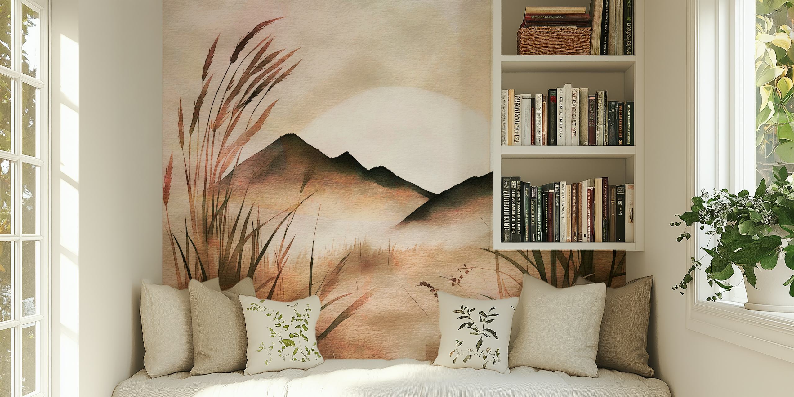 Watercolor grasslands and mountains with soft beige colors wallpaper