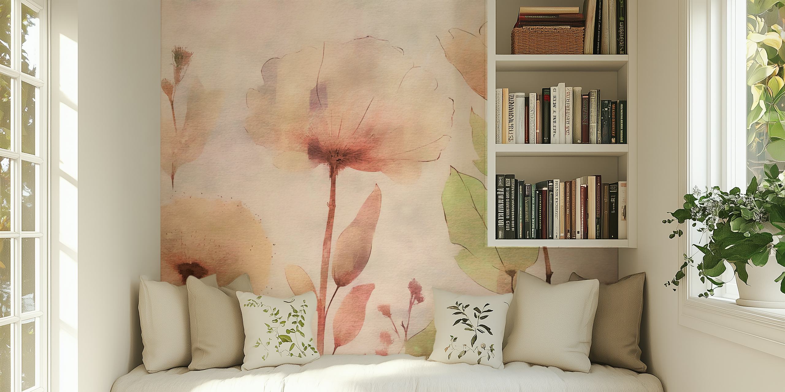 Fleurs watercolor beige et rose sur fond doux papier peint
