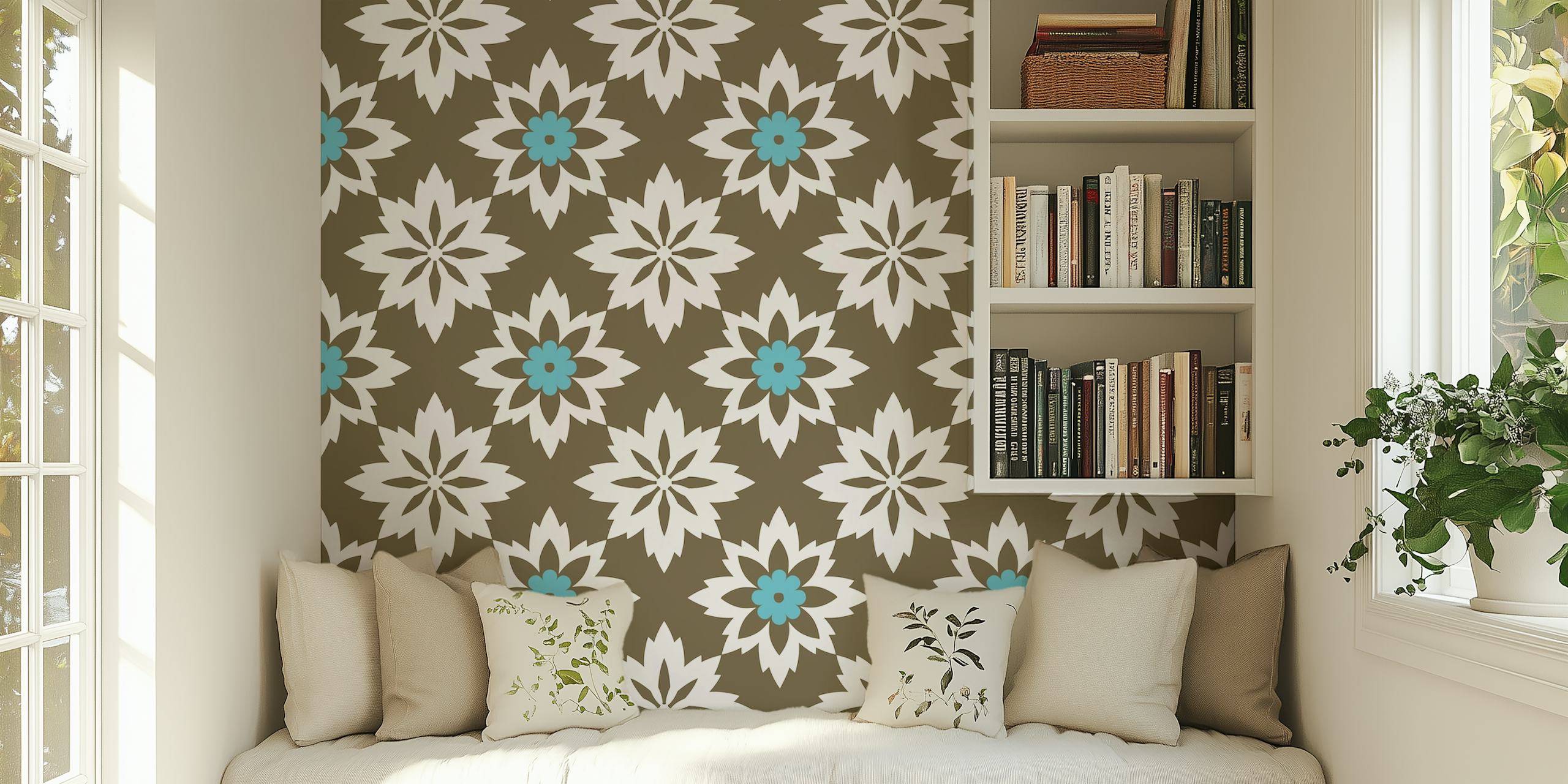 Moorish-inspired floral ornament wall mural in brown and teal blue