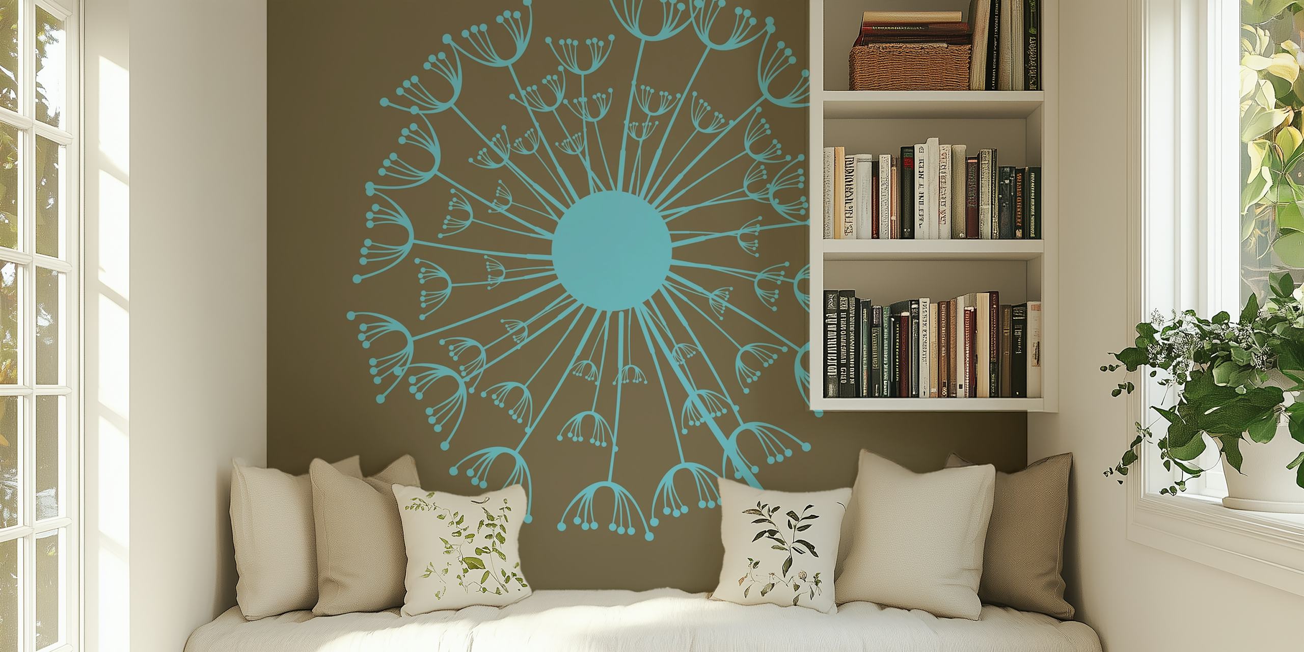 Cyan dandelion flower pattern on coffee brown wallpaper
