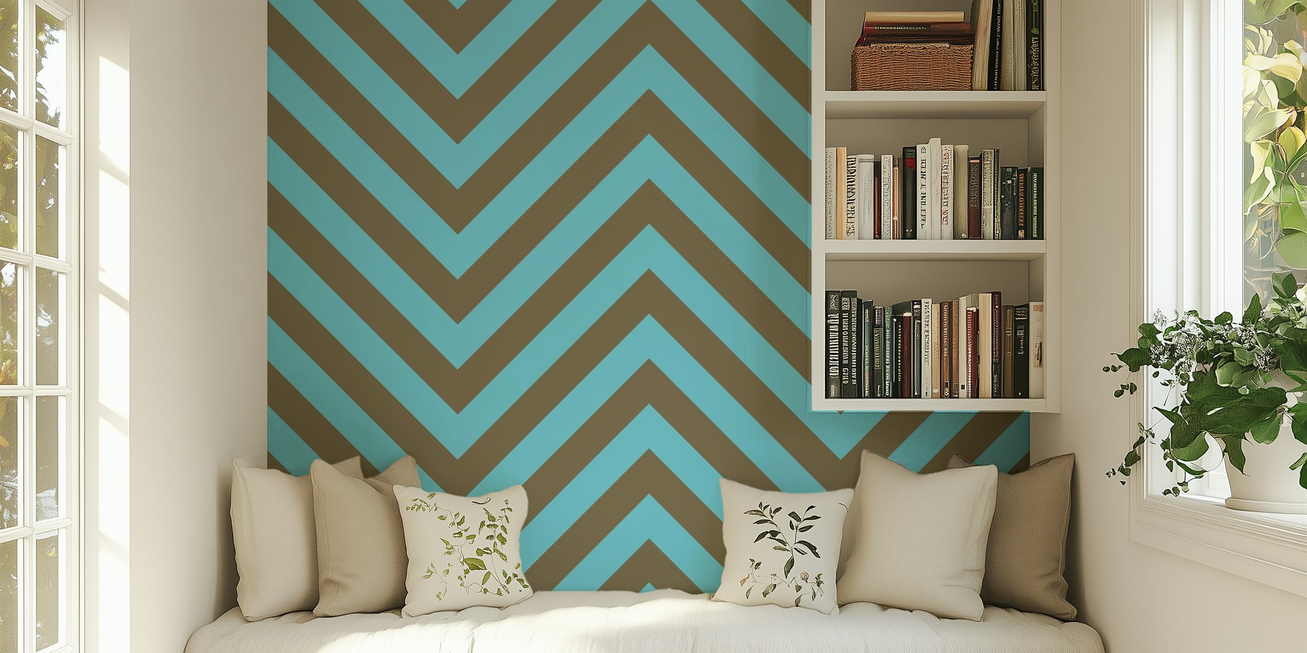 Chevron pattern wallpaper in teal blue e beige brown