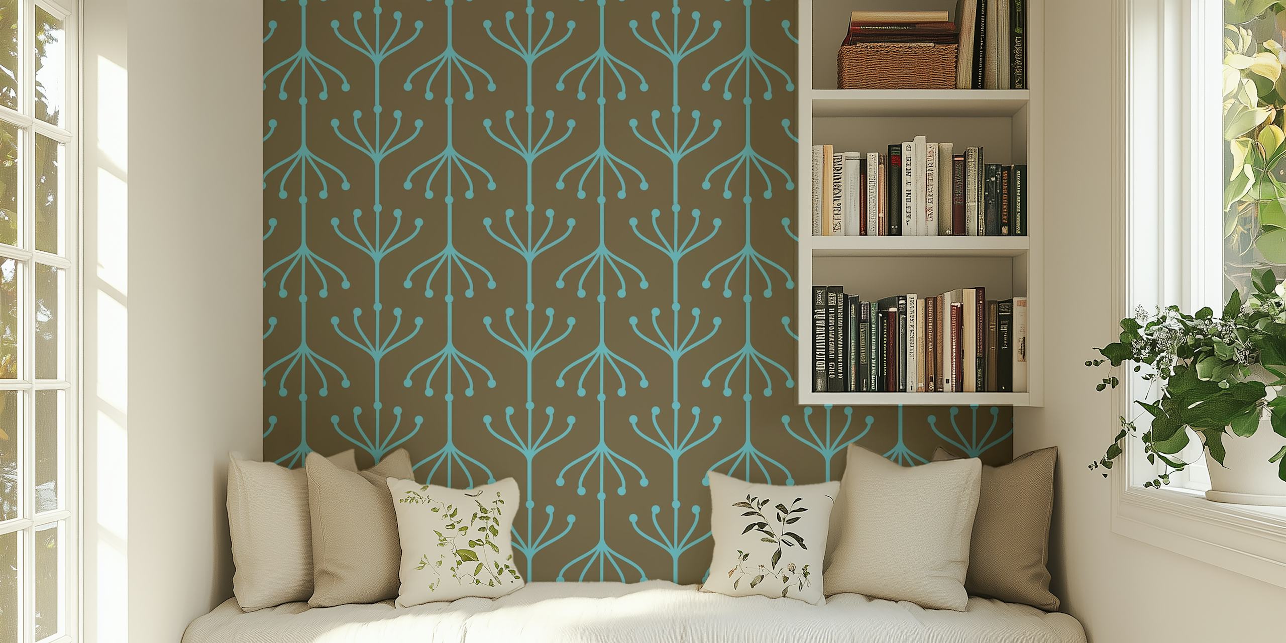 Taupe Floral Ornaments Stripes papel de parede em um quarto