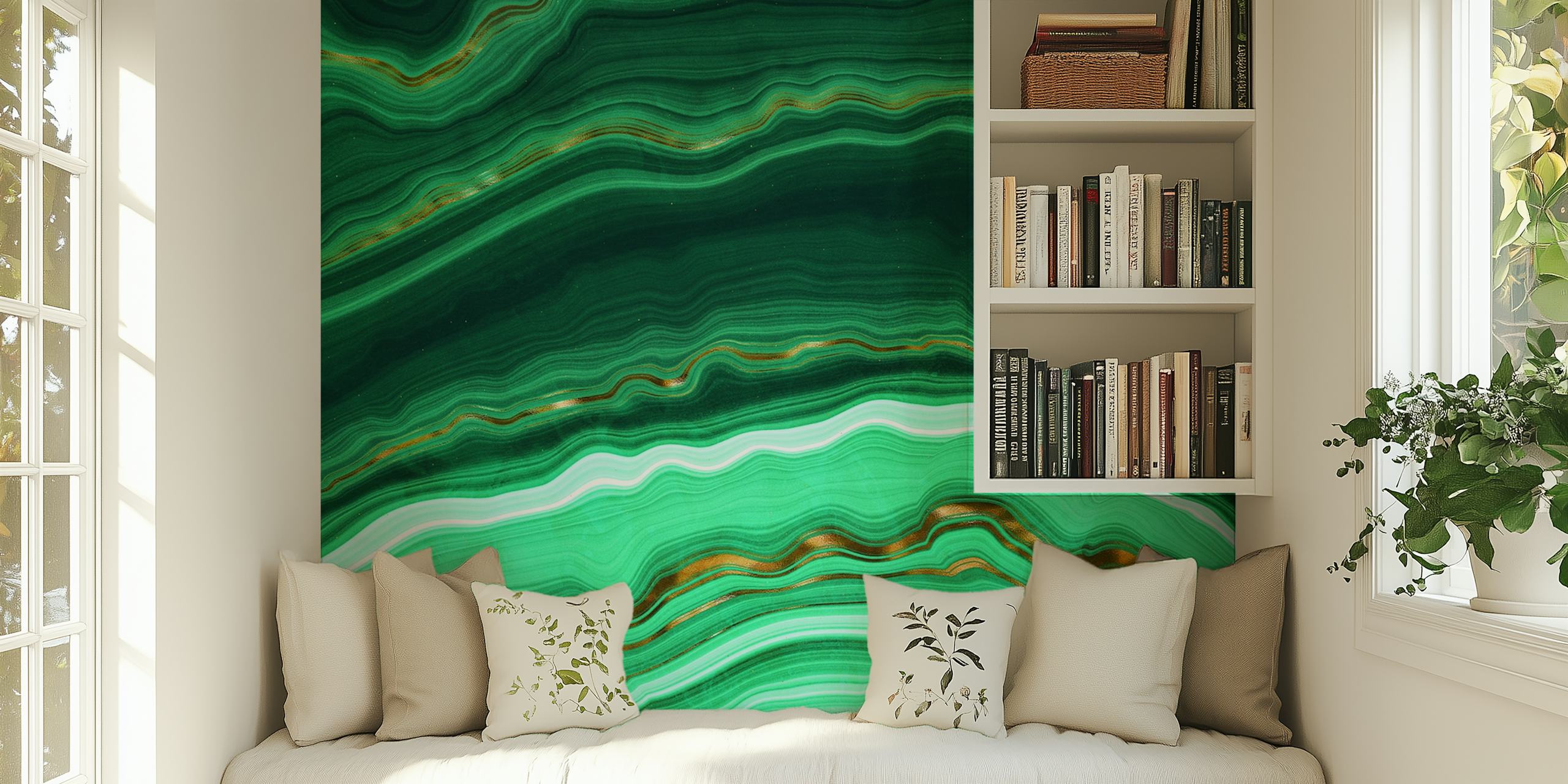 Intricate pattern of Green & Gold Malachite Marble Wallpaper