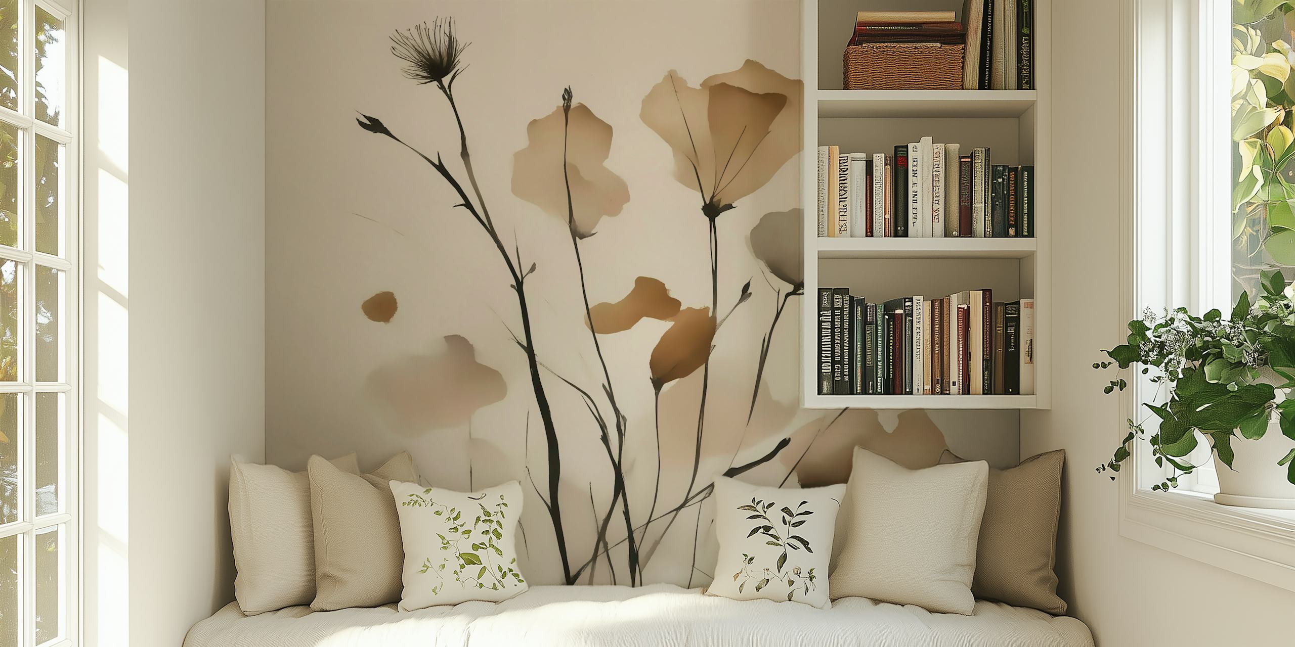 Soft beige floral wallpaper with delicate black outlines