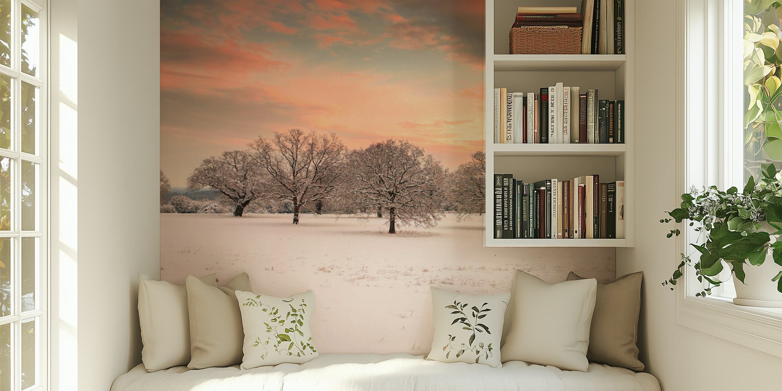 Snowy trees in a winter landscape at sunset wallpaper