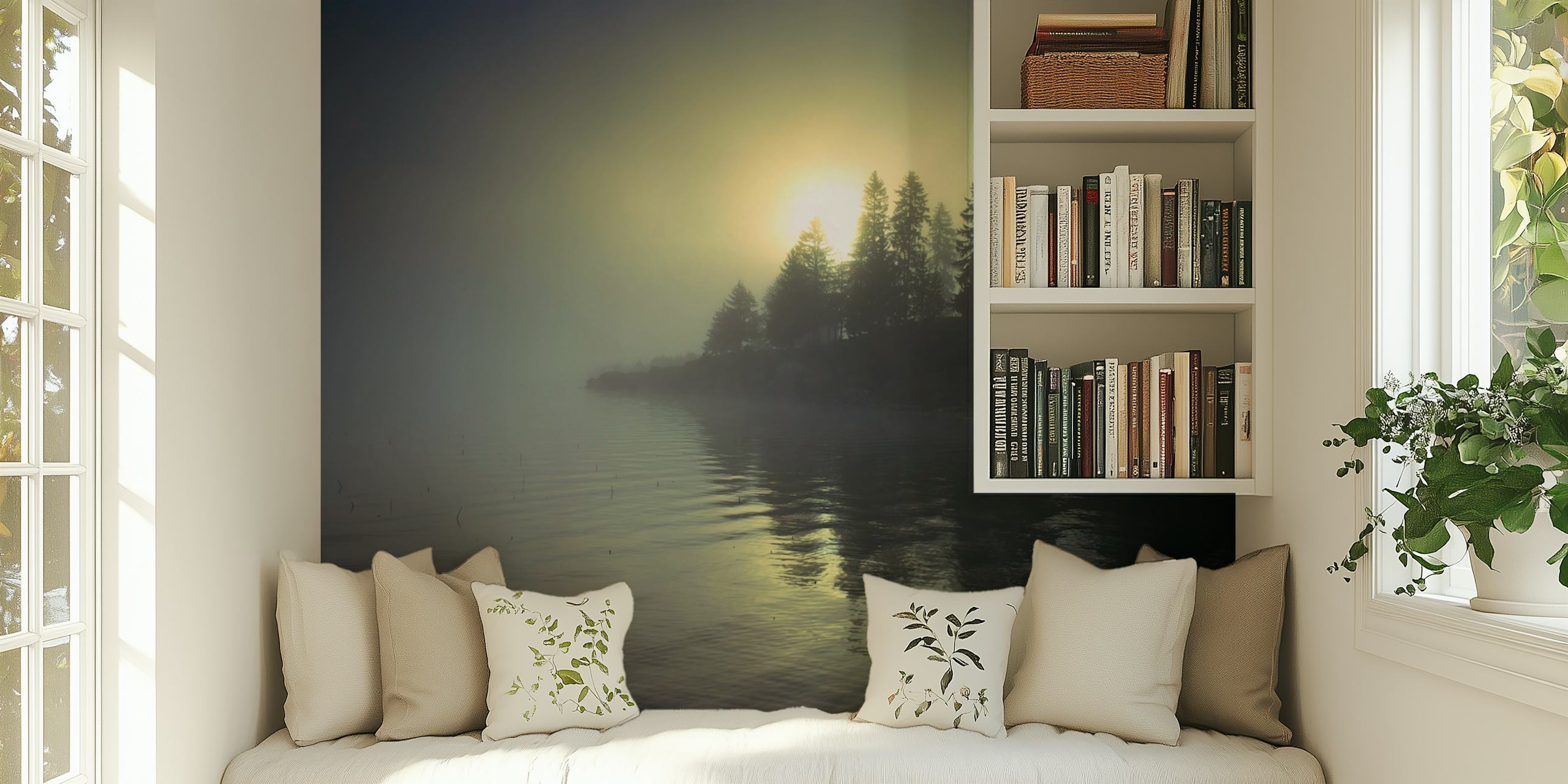 Zidna slika koja prikazuje maglovitu zoru uz jezero s drvećem