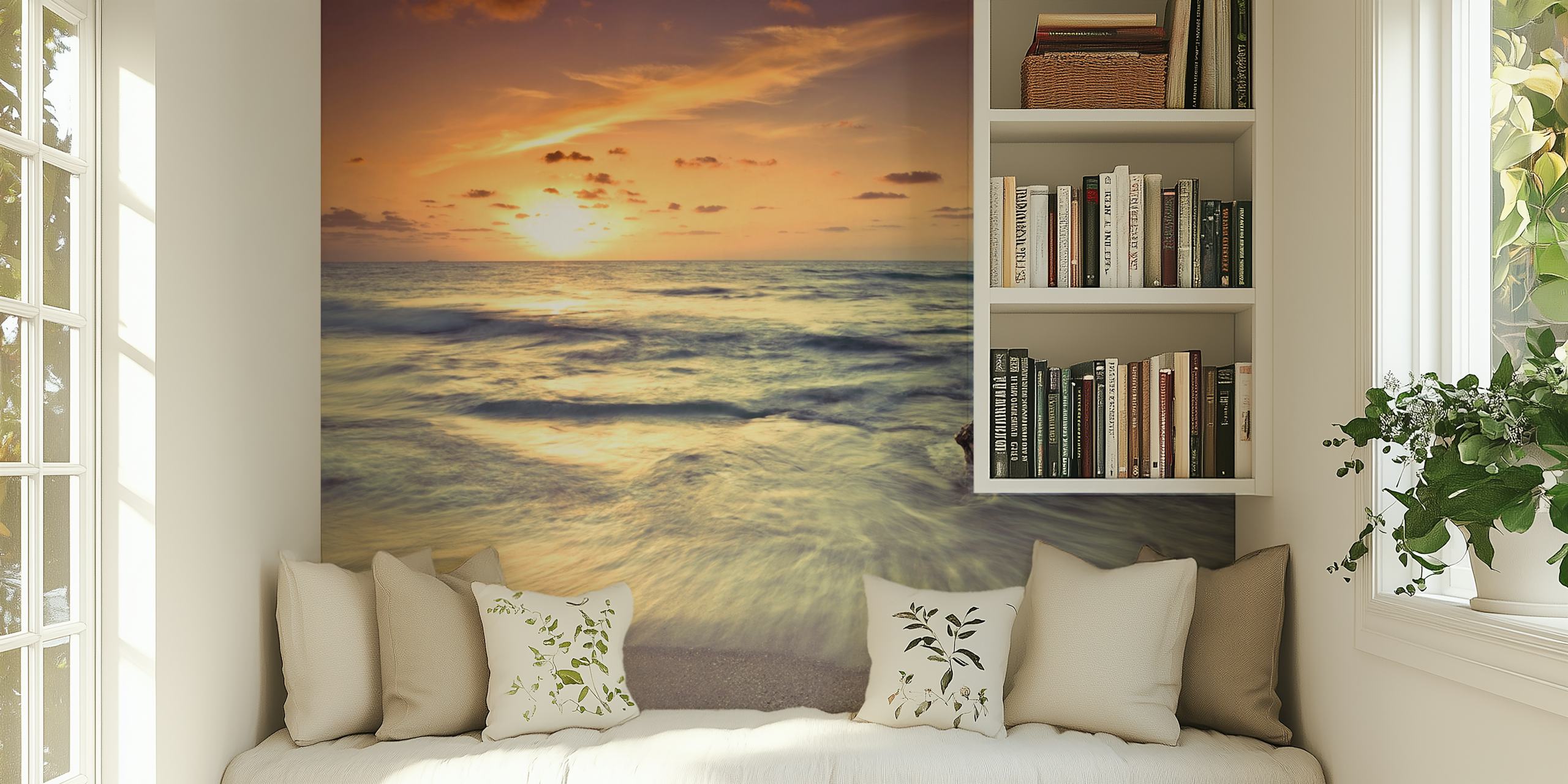 Beach sunset with waves and rock in golden hues wallpaper