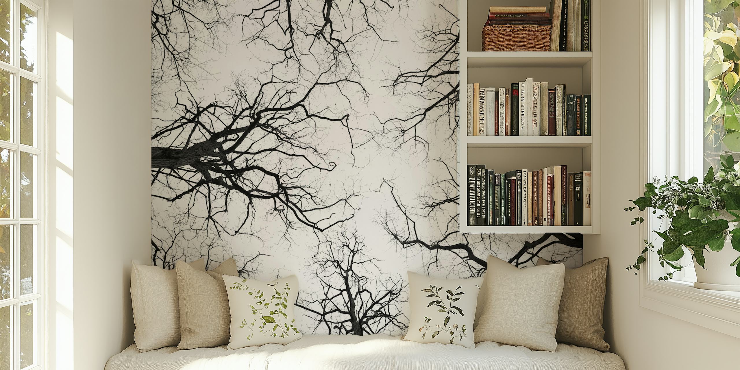 Black and white aerial view of tree branches wall mural