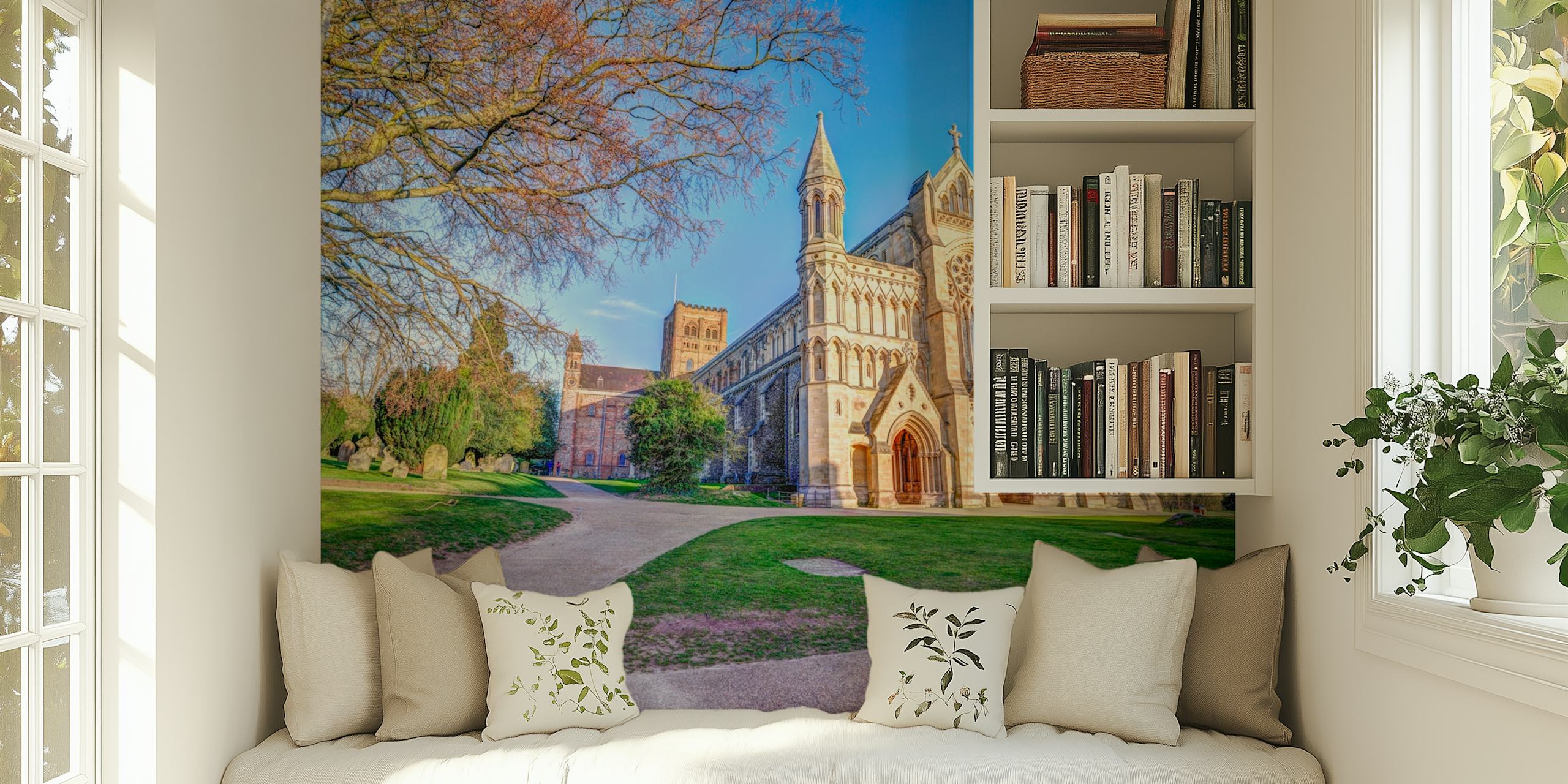 St Albance Cathedral exterior with detailed architecture and lush green surroundings wallpaper