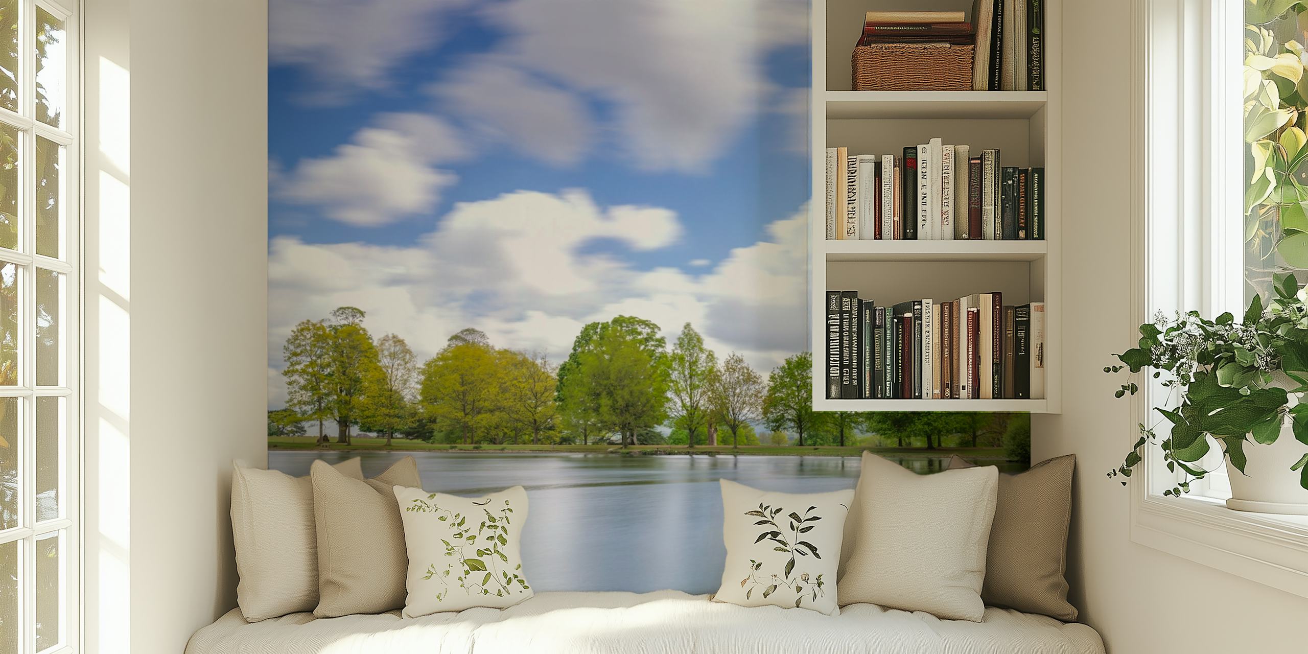 Lake scene with trees and blue sky wallpaper
