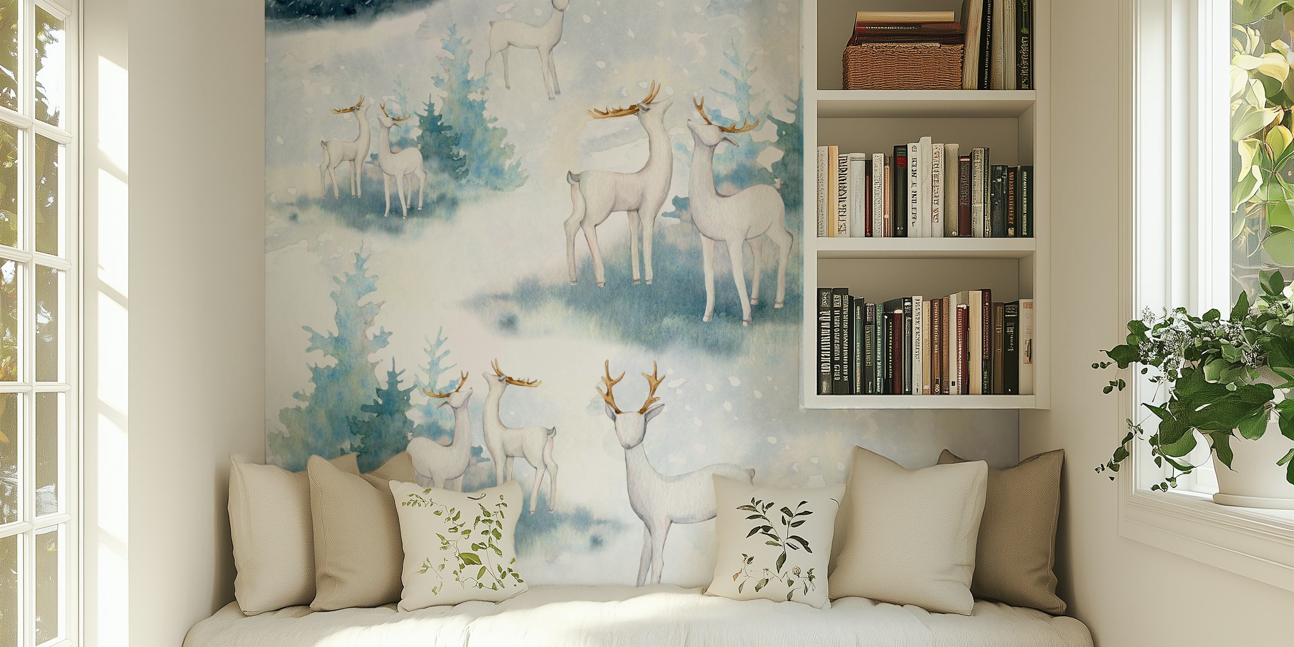 Winter forest wallpaper with deer and snow