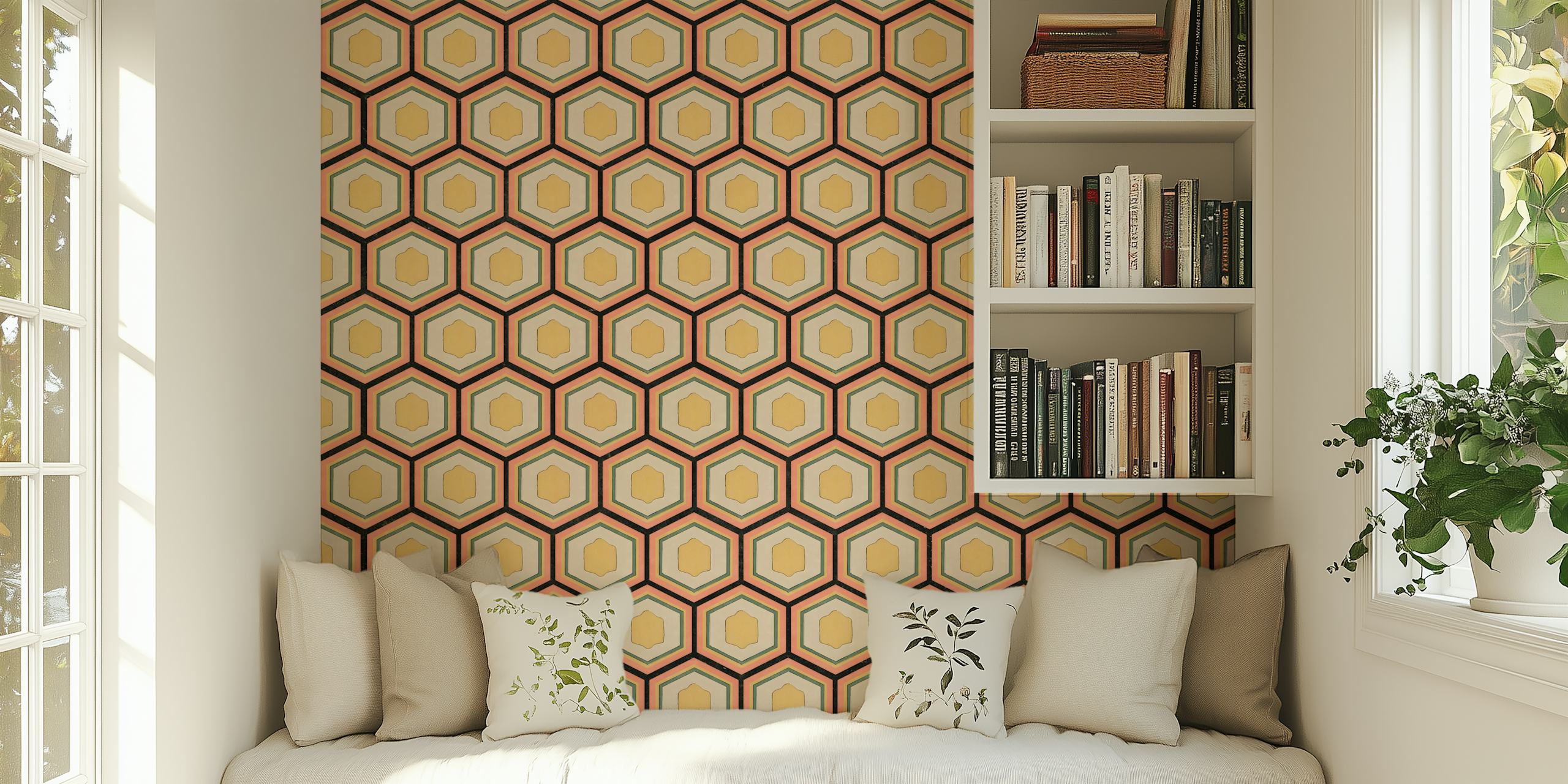 Vintage Japanese honeycomb pattern wallpaper in warm hues
