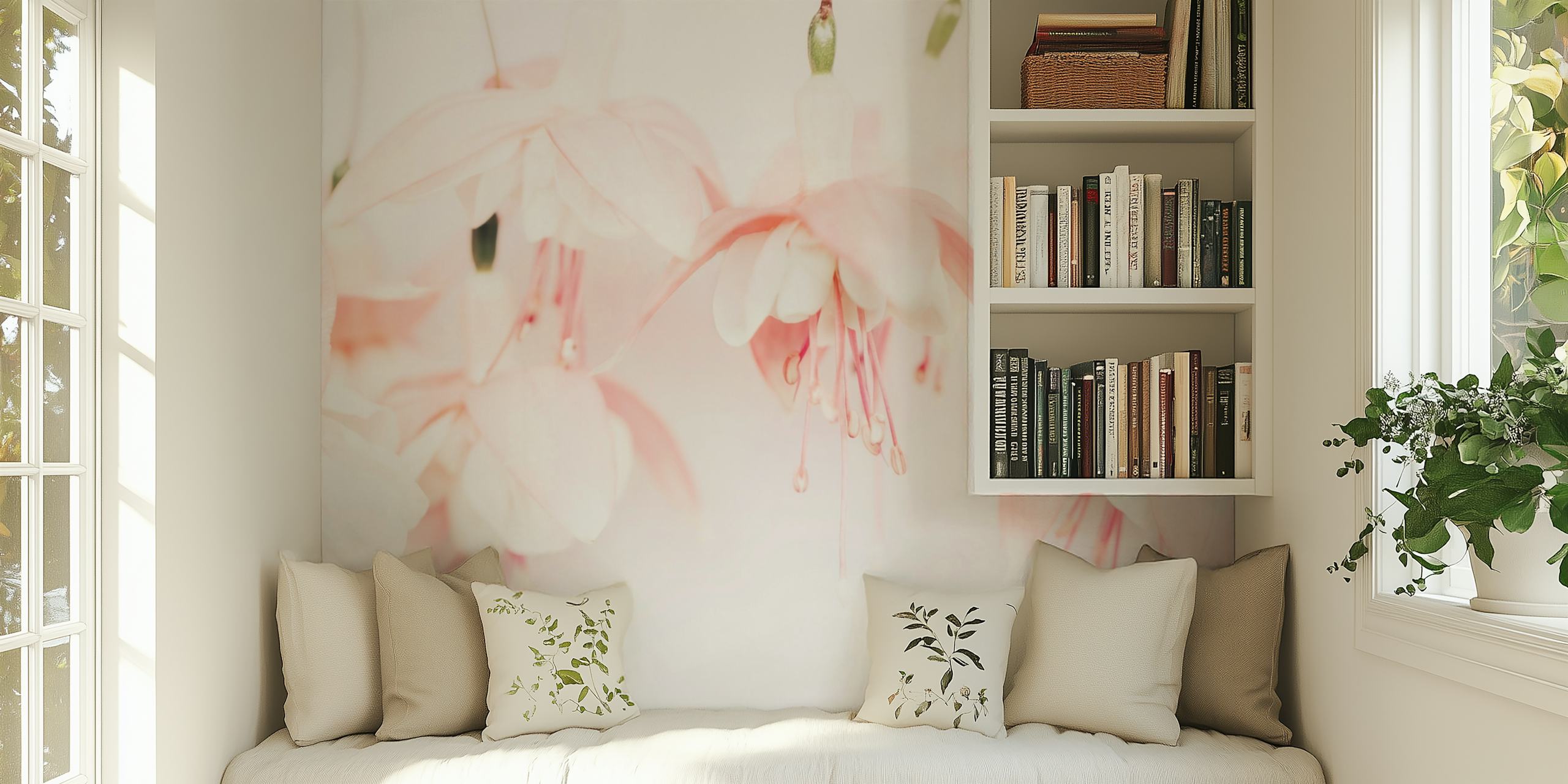 Pastel pink and fuchsia flowers wall mural on a white background