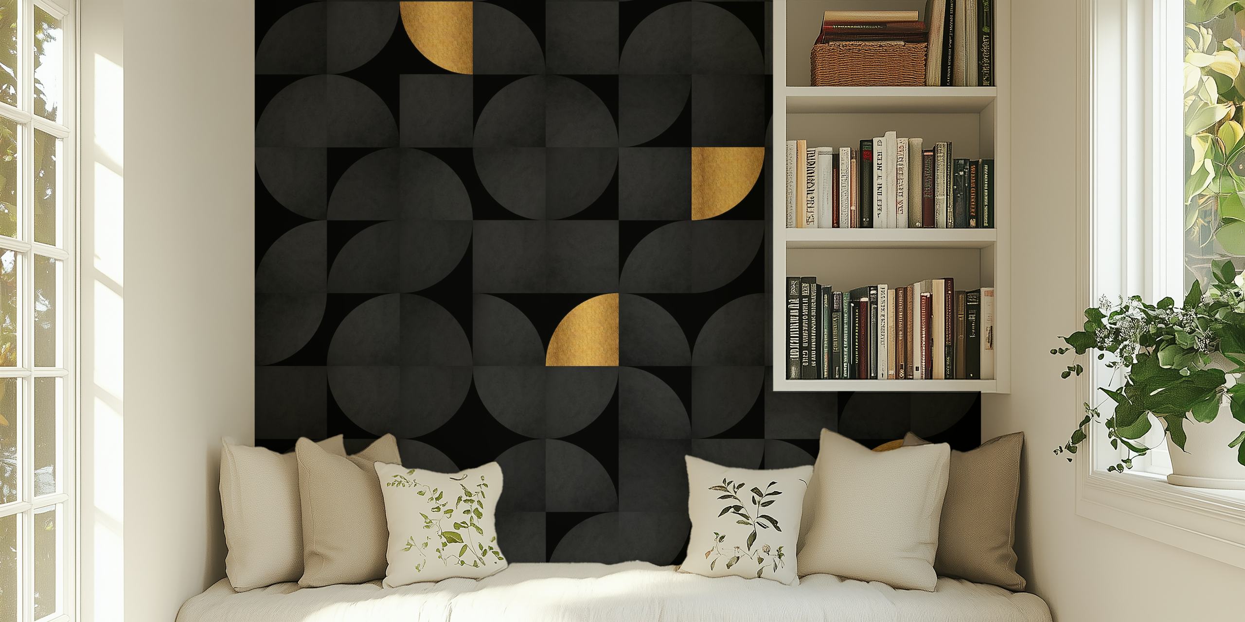 Mid-century black and luxury gold wallpaper pattern