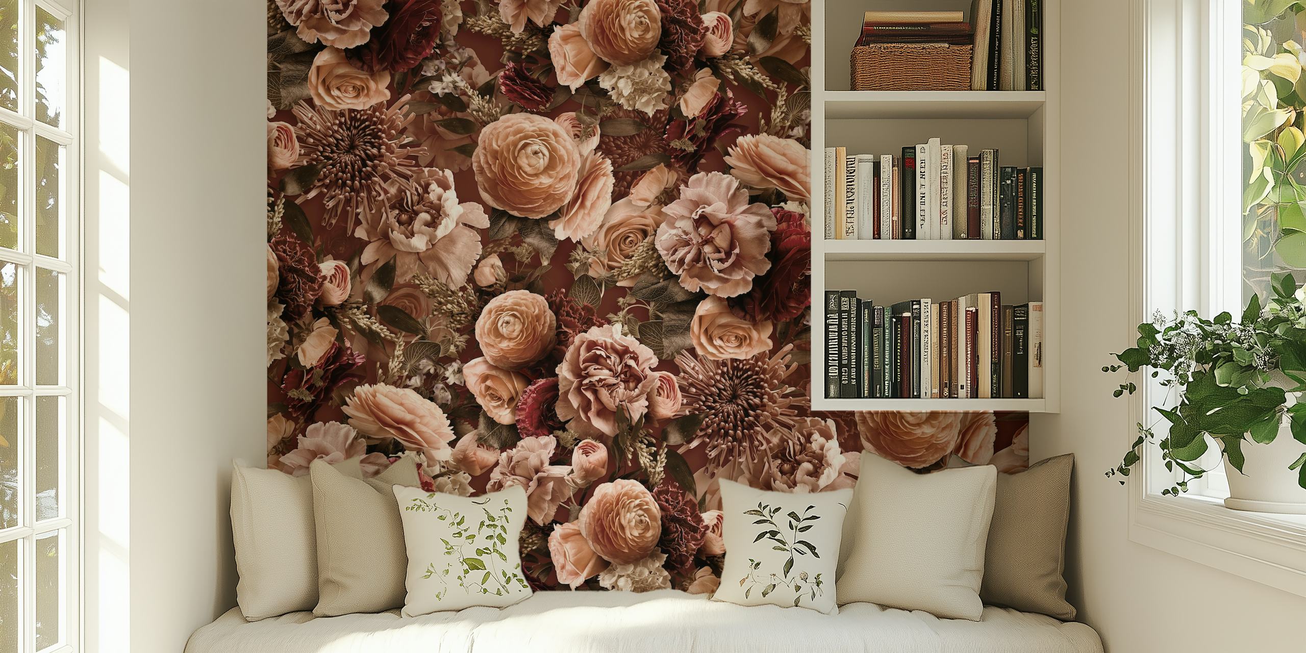 Baroque floral pattern in peach, pink, and brown wallpaper