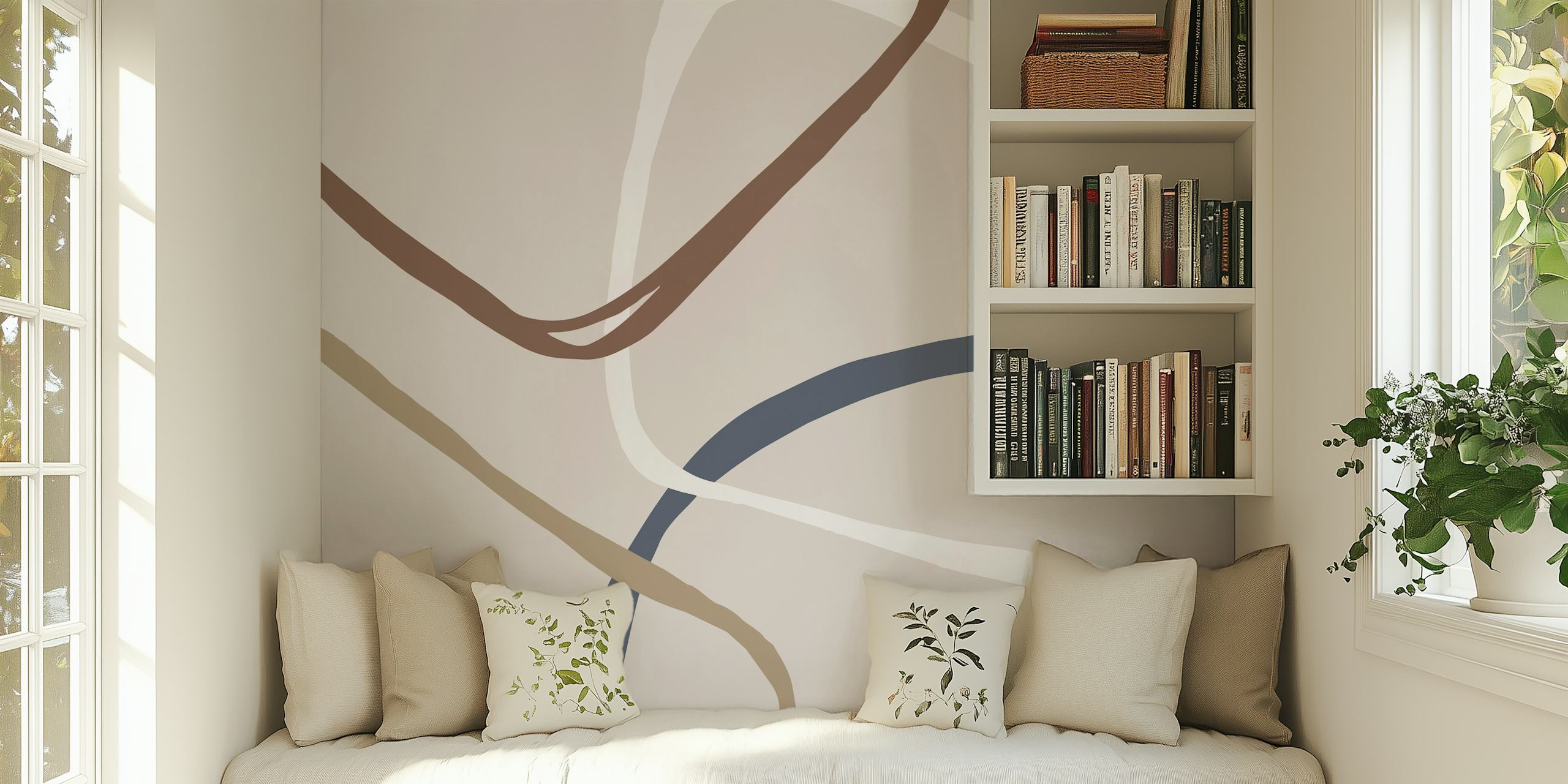 Abstract wall mural with smooth organic shapes in earthy tones
