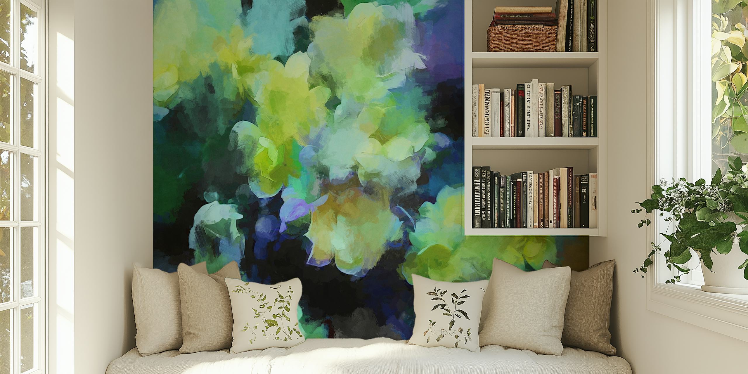Abstract floral design in vibrant yellow and blue colors wallpaper