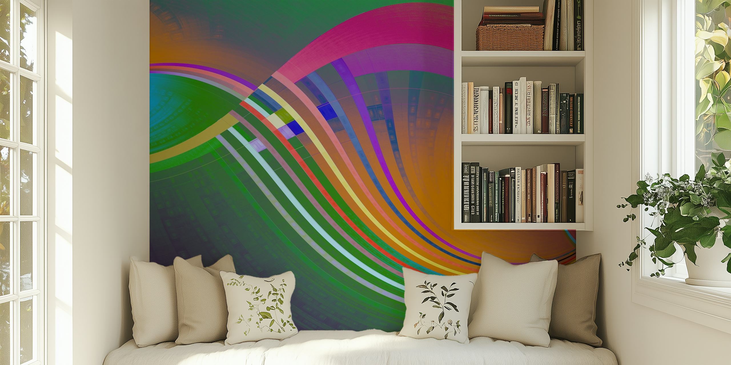 Colorful abstract waves in vibrant hues of pink, blue, green, and orange wallpaper