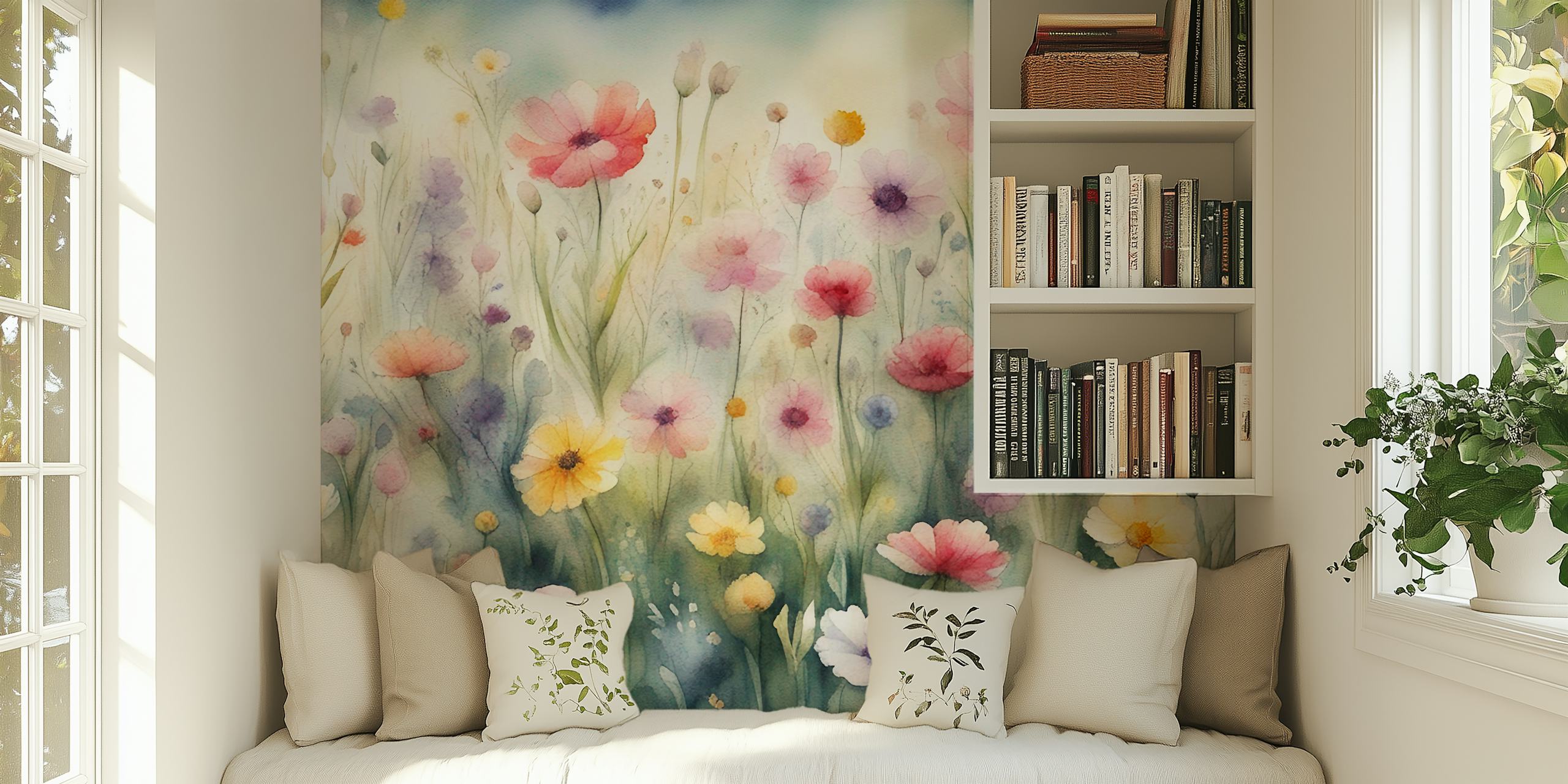 Moody Wildflower Watercolor tapetti huoneessa