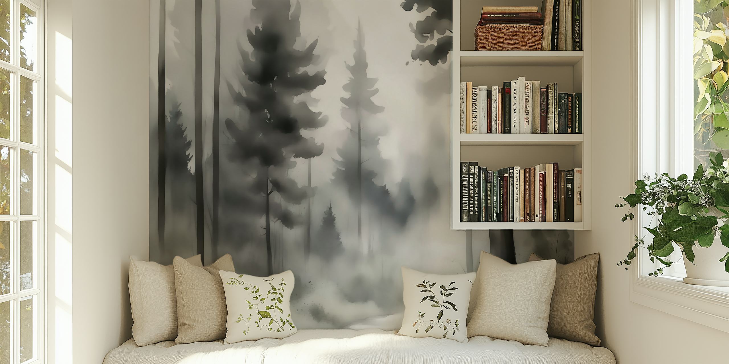 Black and white wall mural depicting a misty forest with tall trees and fog
