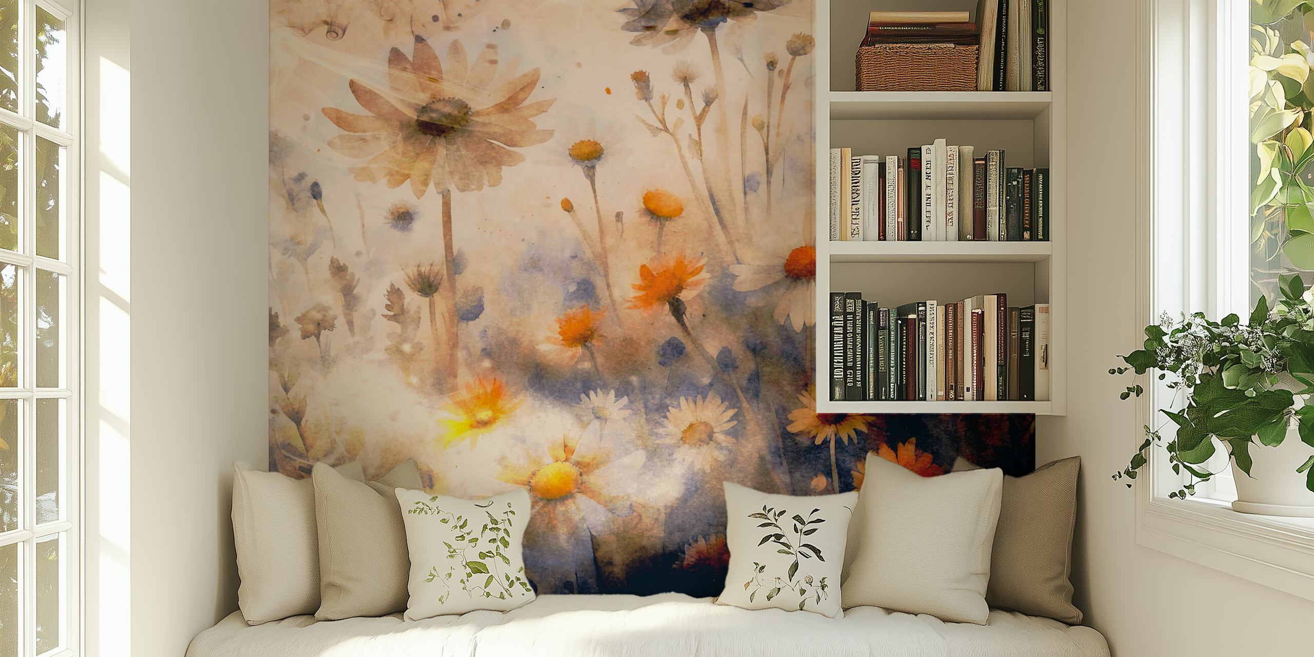 Moody Summer Garden muurschildering met etherische bloemen in een dromerige omgeving met zacht licht
