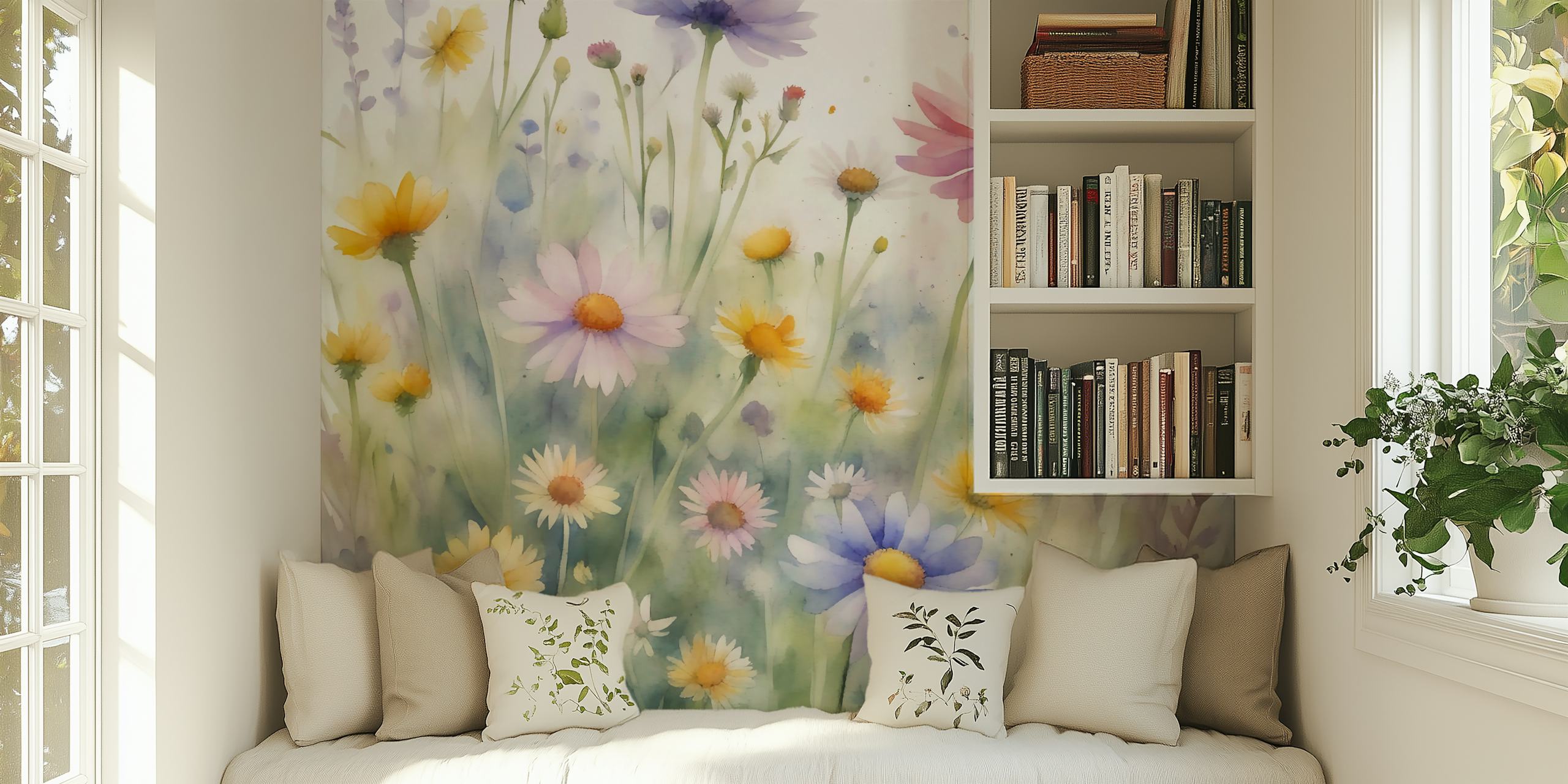 Sunny summer field floral wallpaper design