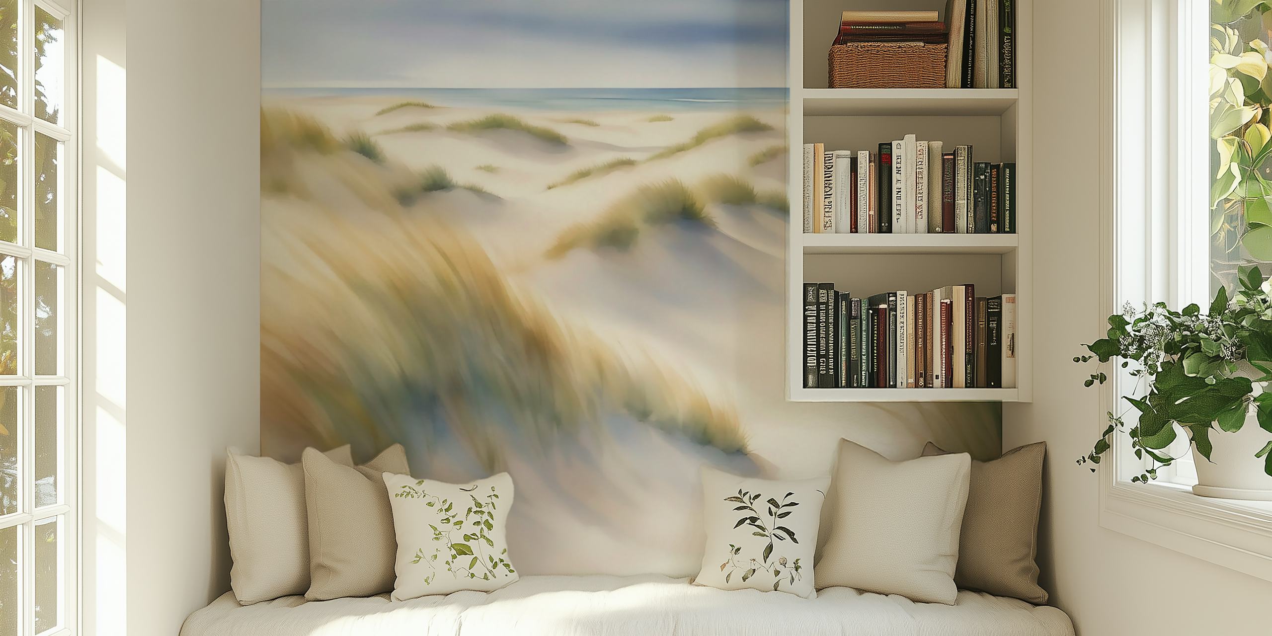 Wild Summer Grass-veggmaleri som viser forblåst strandgress i pastelltoner