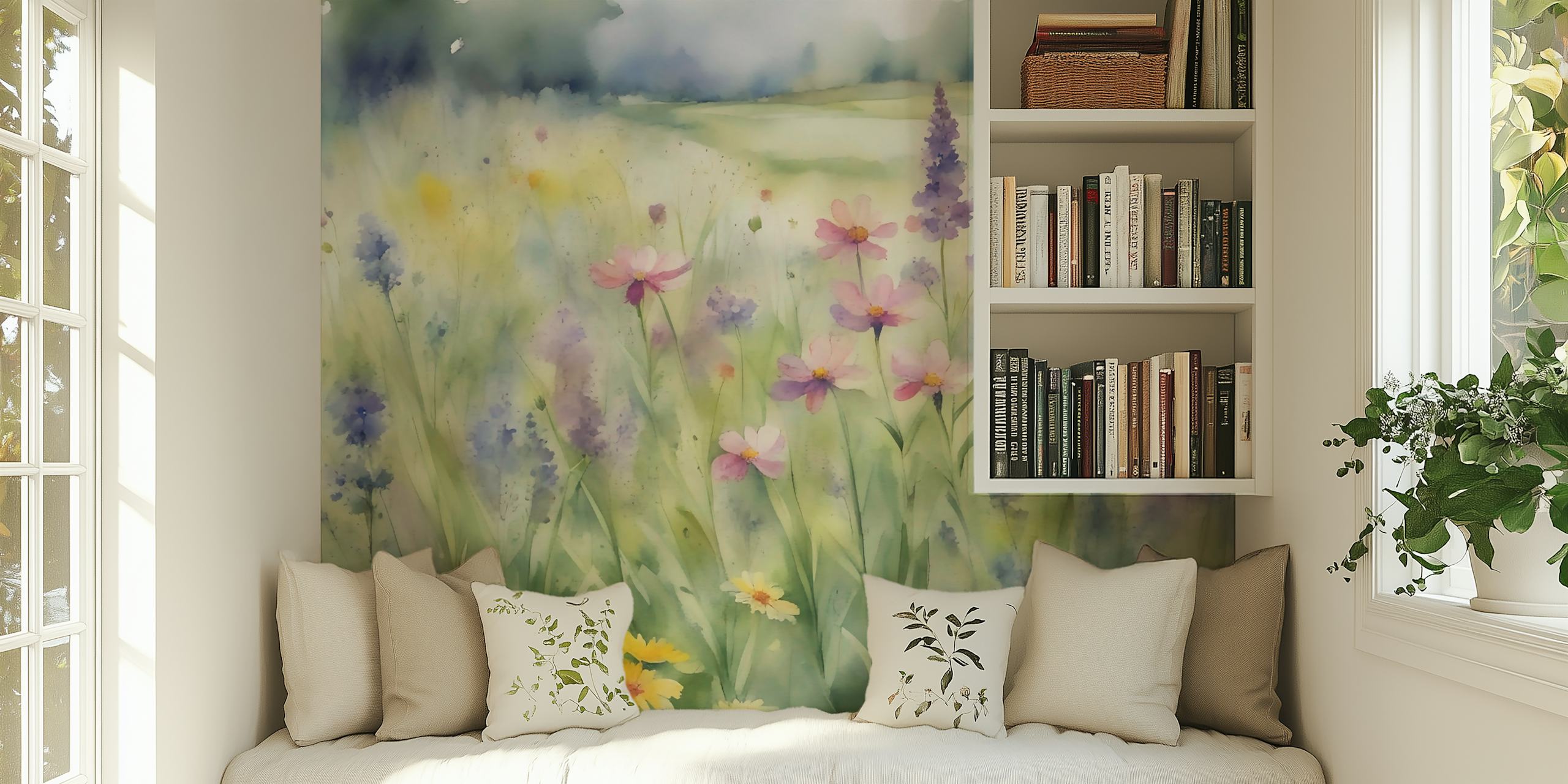 Watercolor wildflower wall mural in soft pastel colors