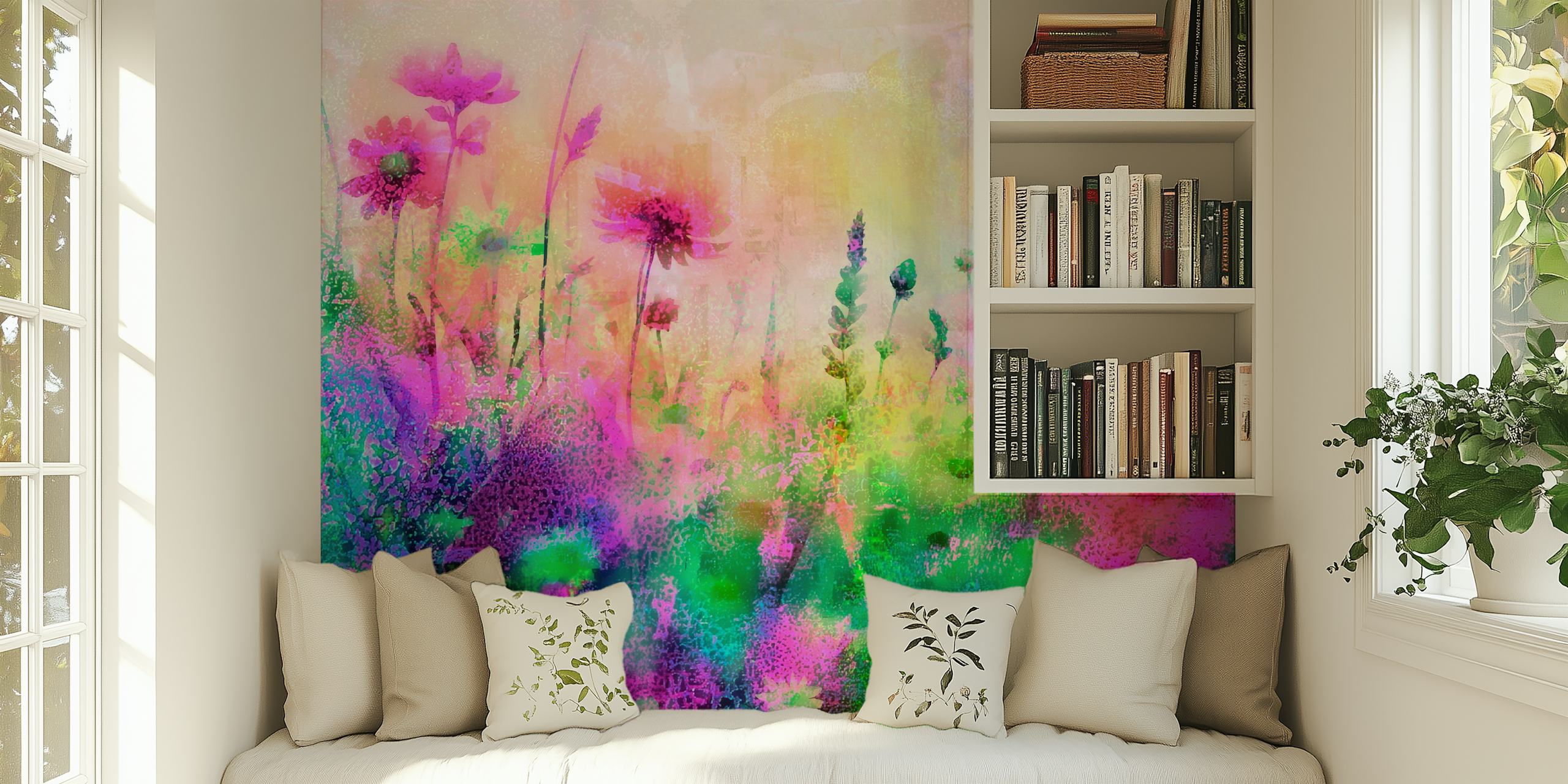 Vibrant floral design with pink and green hues wallpaper