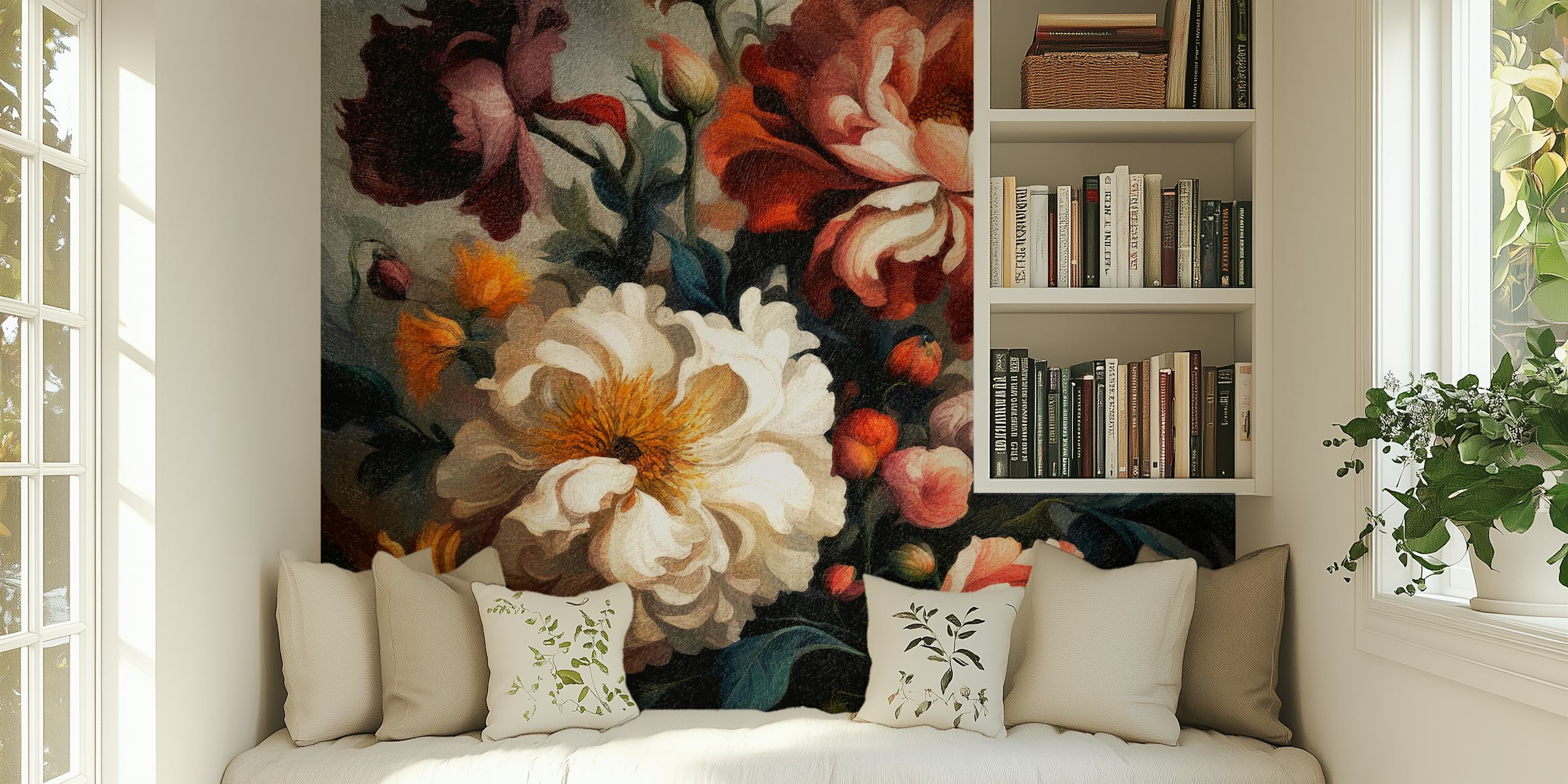 Moody Baroque Flowers Painting zidna slika s bogatim, dubokim cvjetnim uzorcima u klasičnom slikarskom stilu.