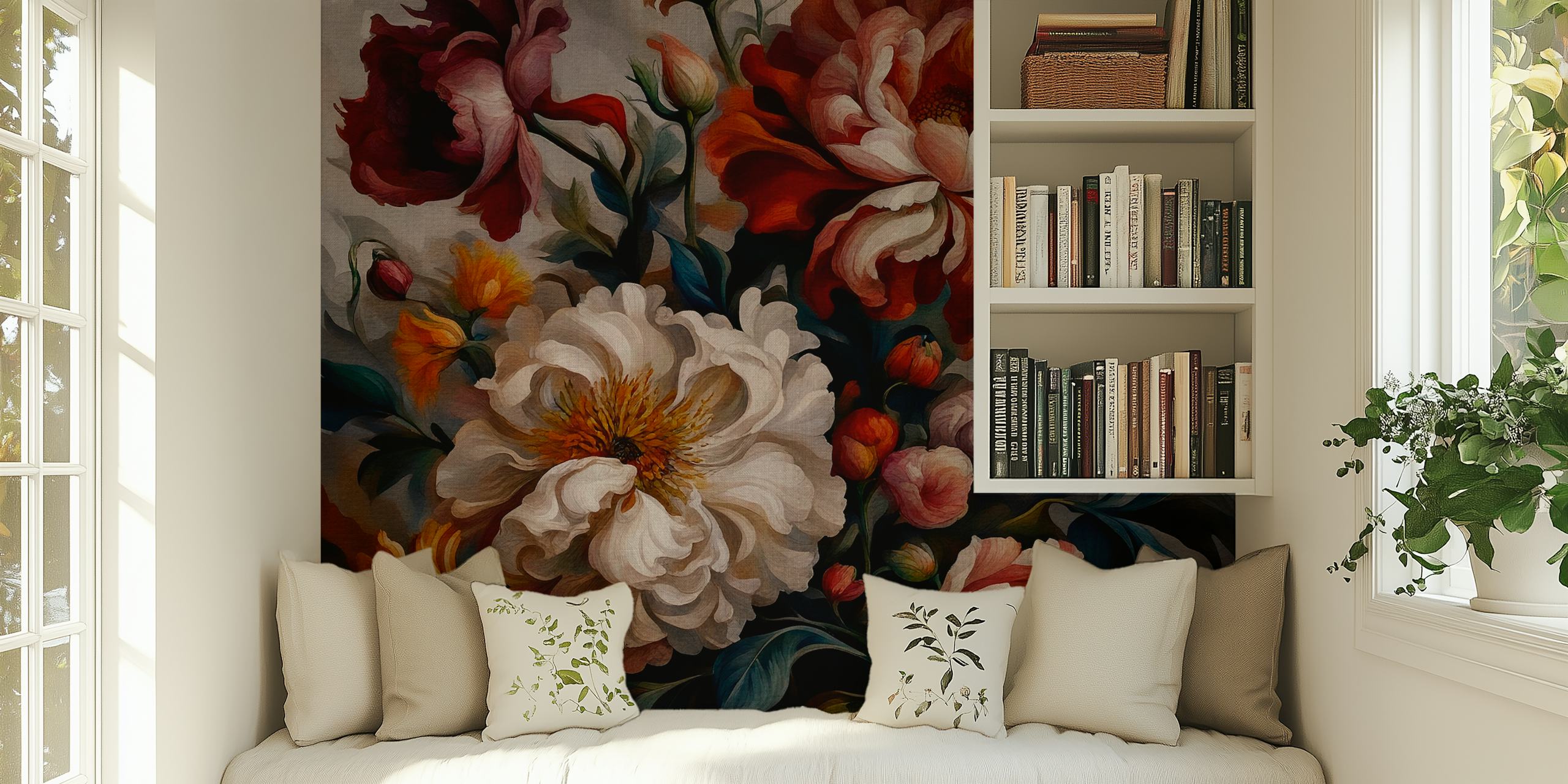 Blommig tapetdesign med Moody Baroque Flowers Large