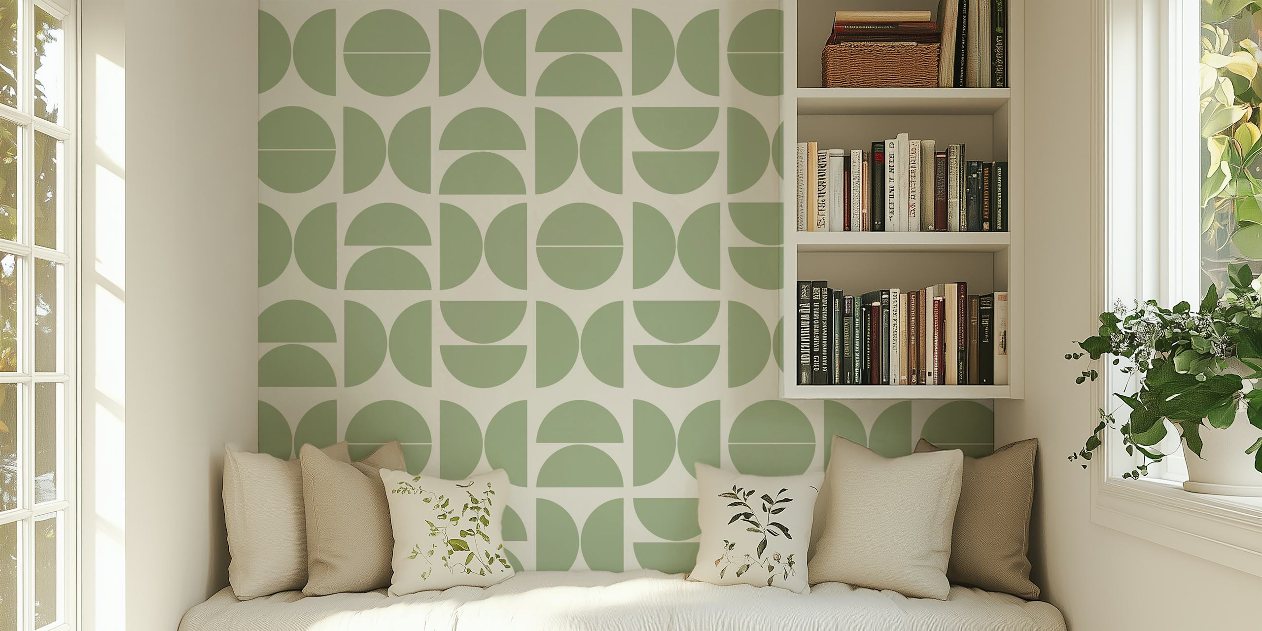 Geometric pattern in green and white wallpaper