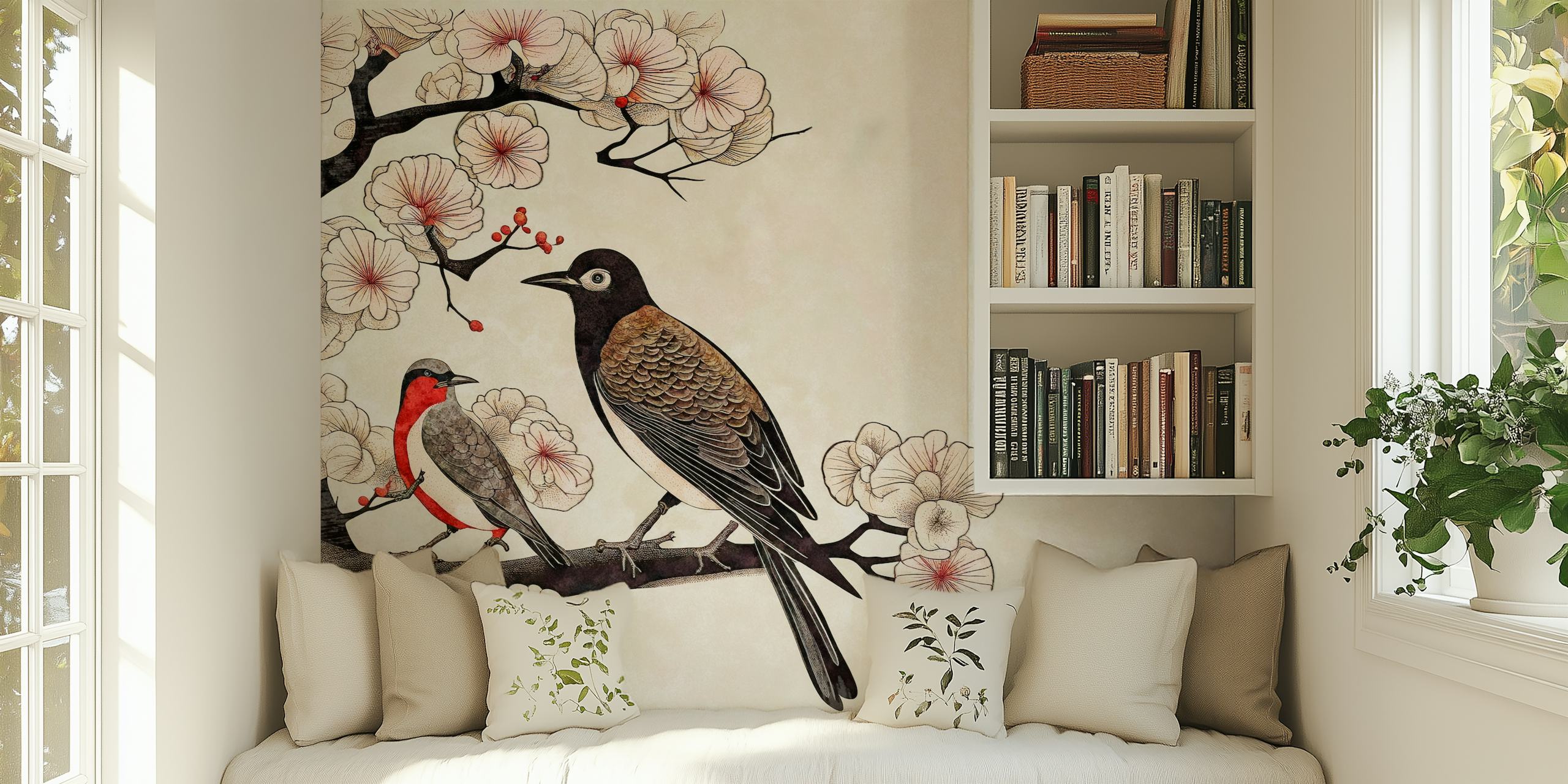 Cozy Japandi style wall mural depicting birds on a floral branch