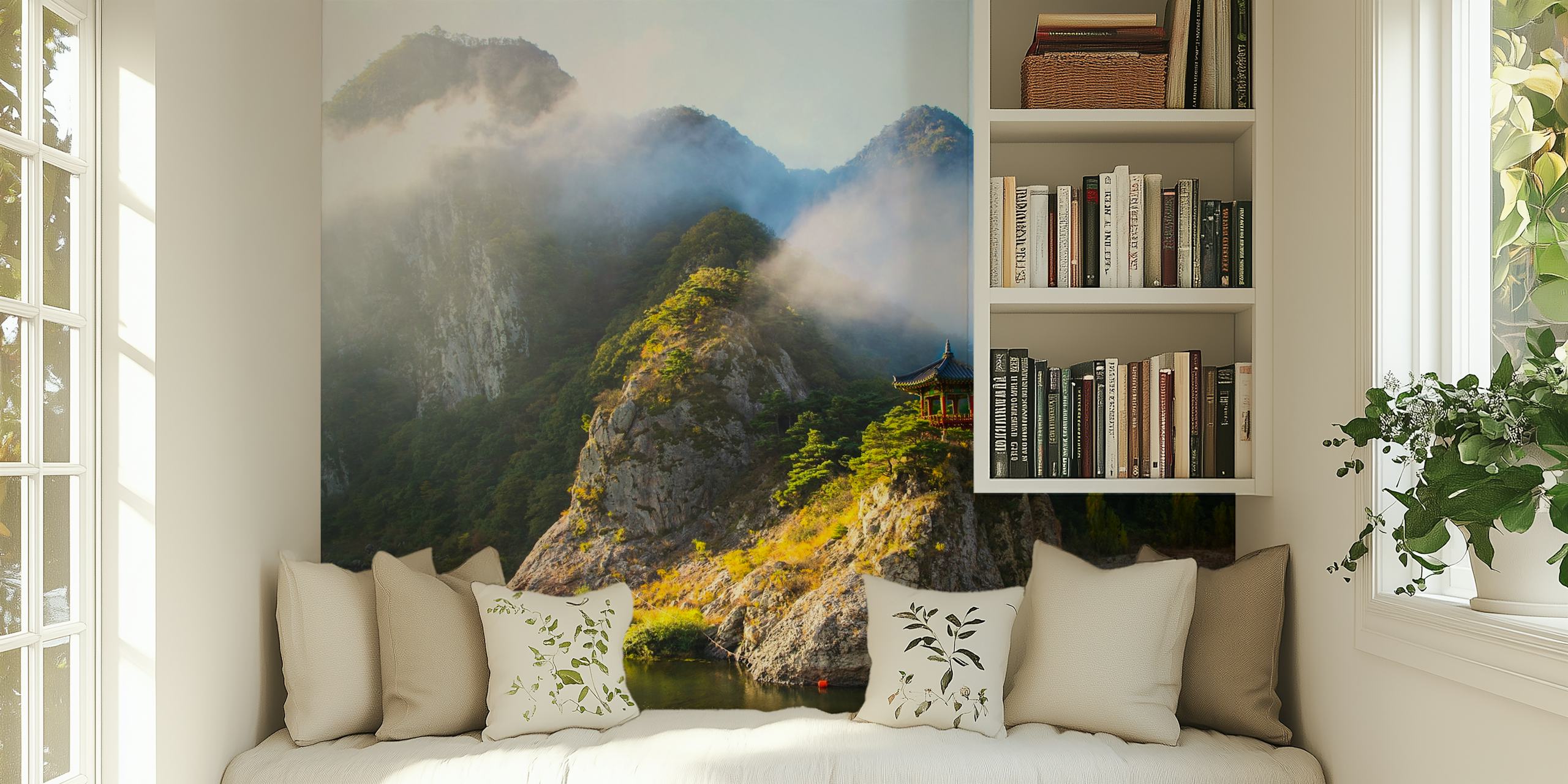 Mountain landscape with mist and a pavilion wallpaper
