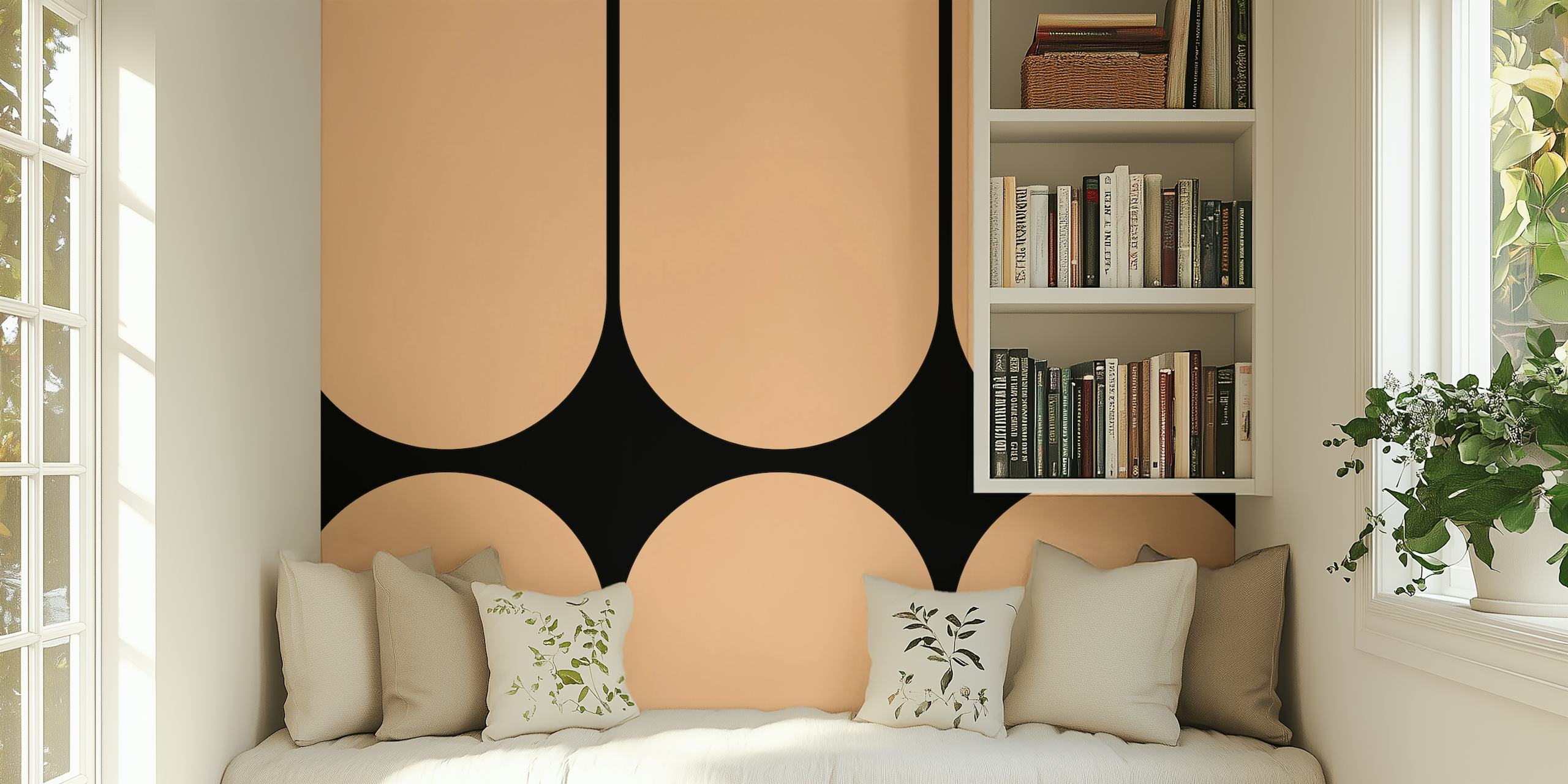 Mid-century geometric pattern in peach and black wallpaper