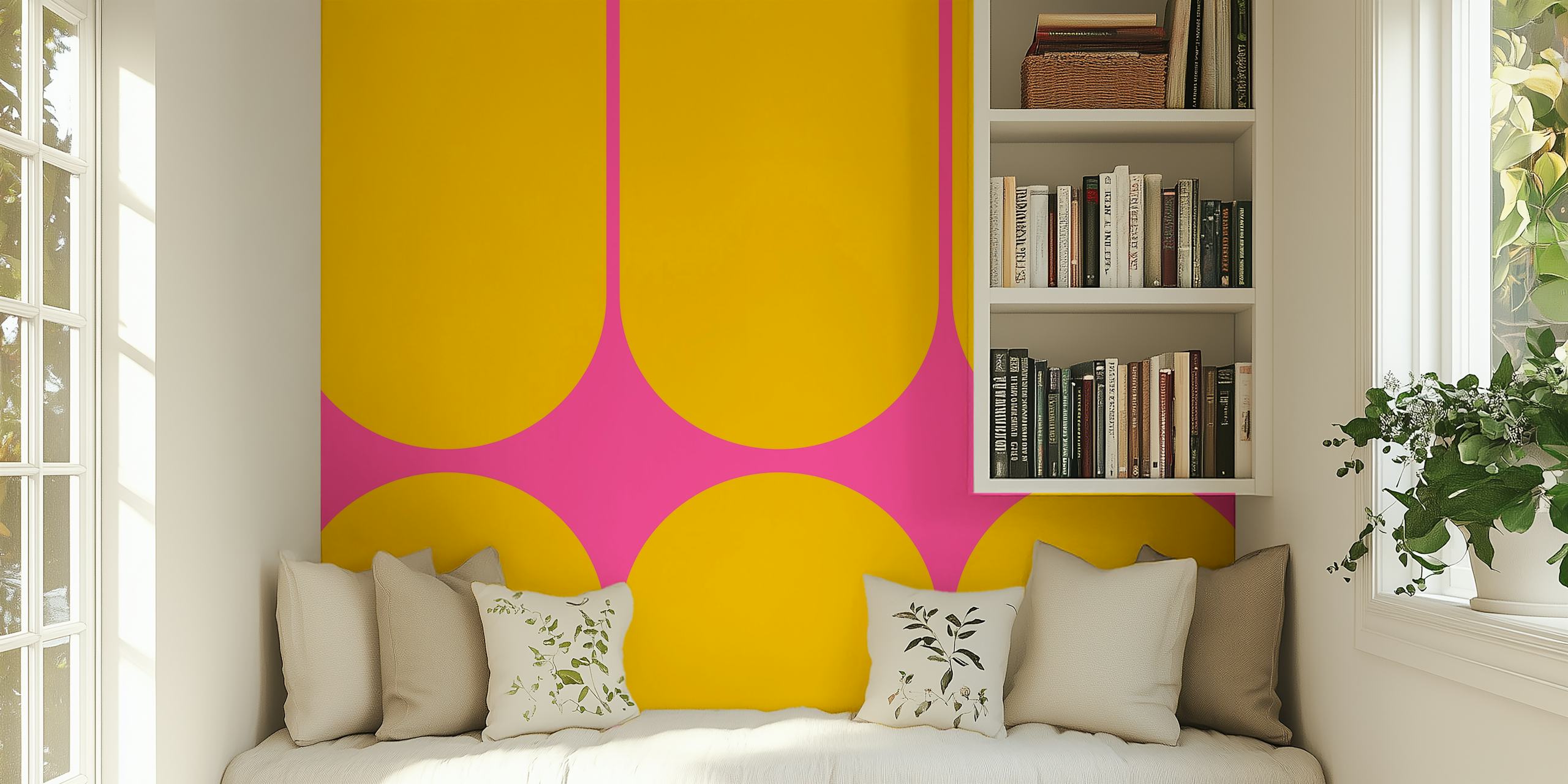 Fotomural vinílico colorido de arcos de meados do século com design vibrante em amarelo e rosa.