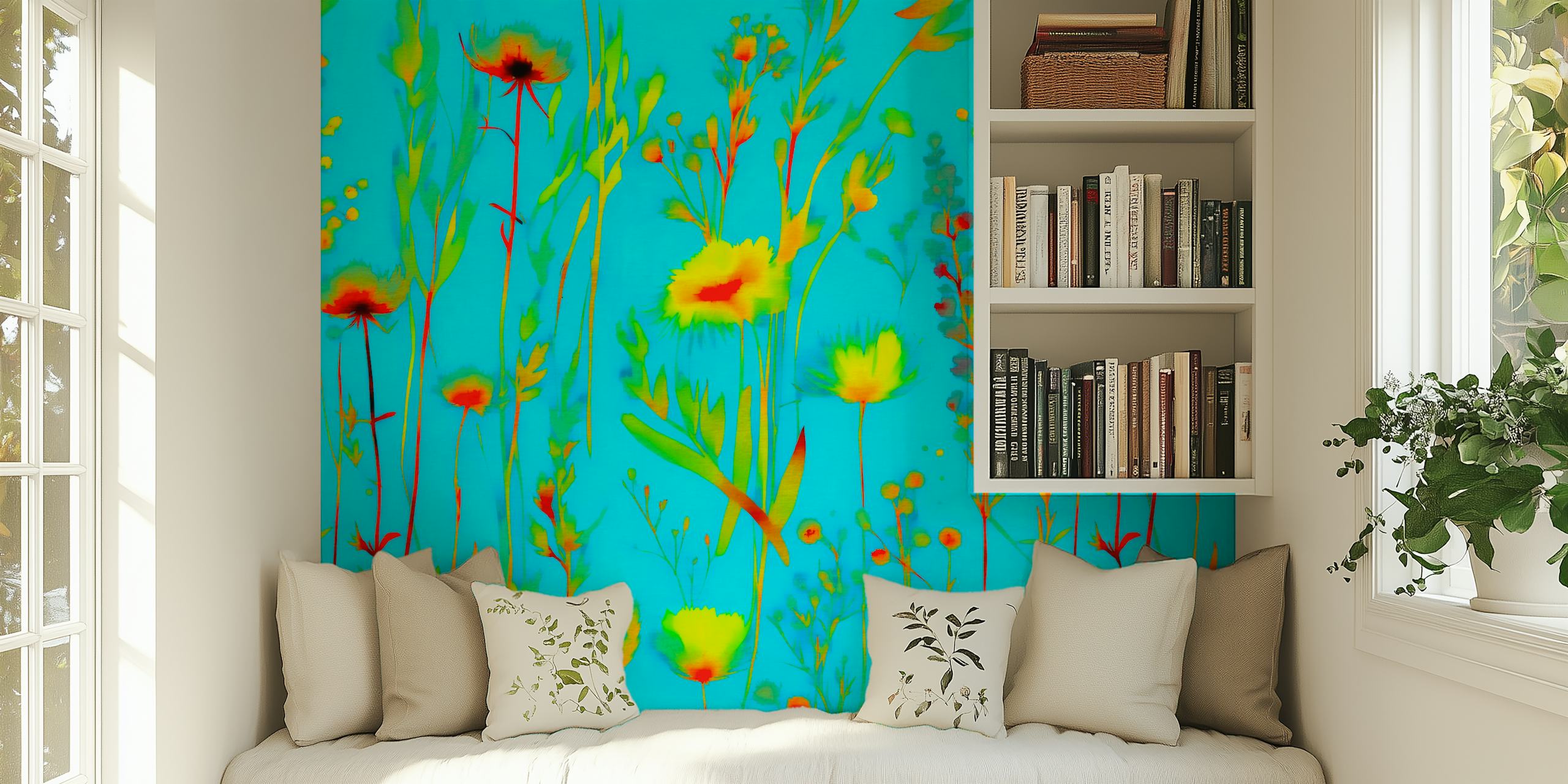 vibrant summer wildflowers wall mural with a neon blue background