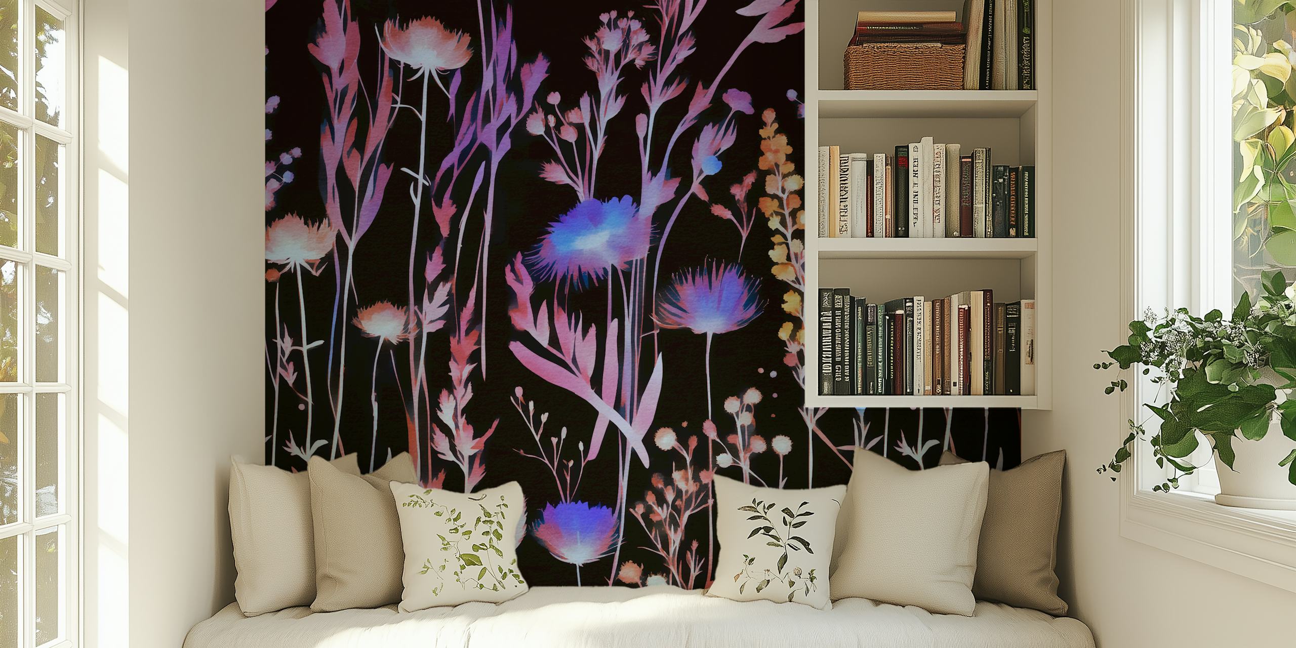 Vivid moody wildflowers wallpaper in a room