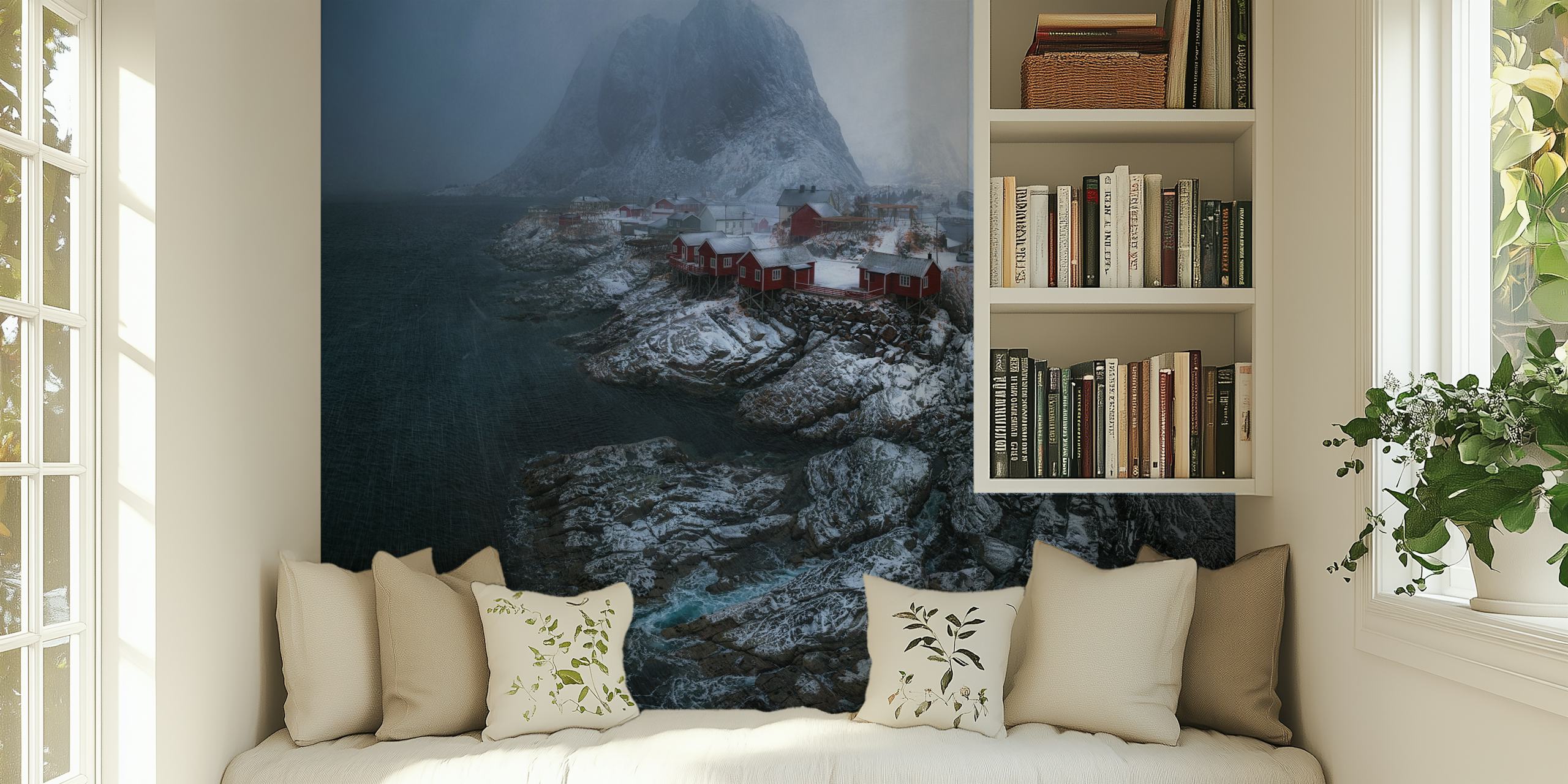 Stormy coastline with mountains and red cabins wallpaper