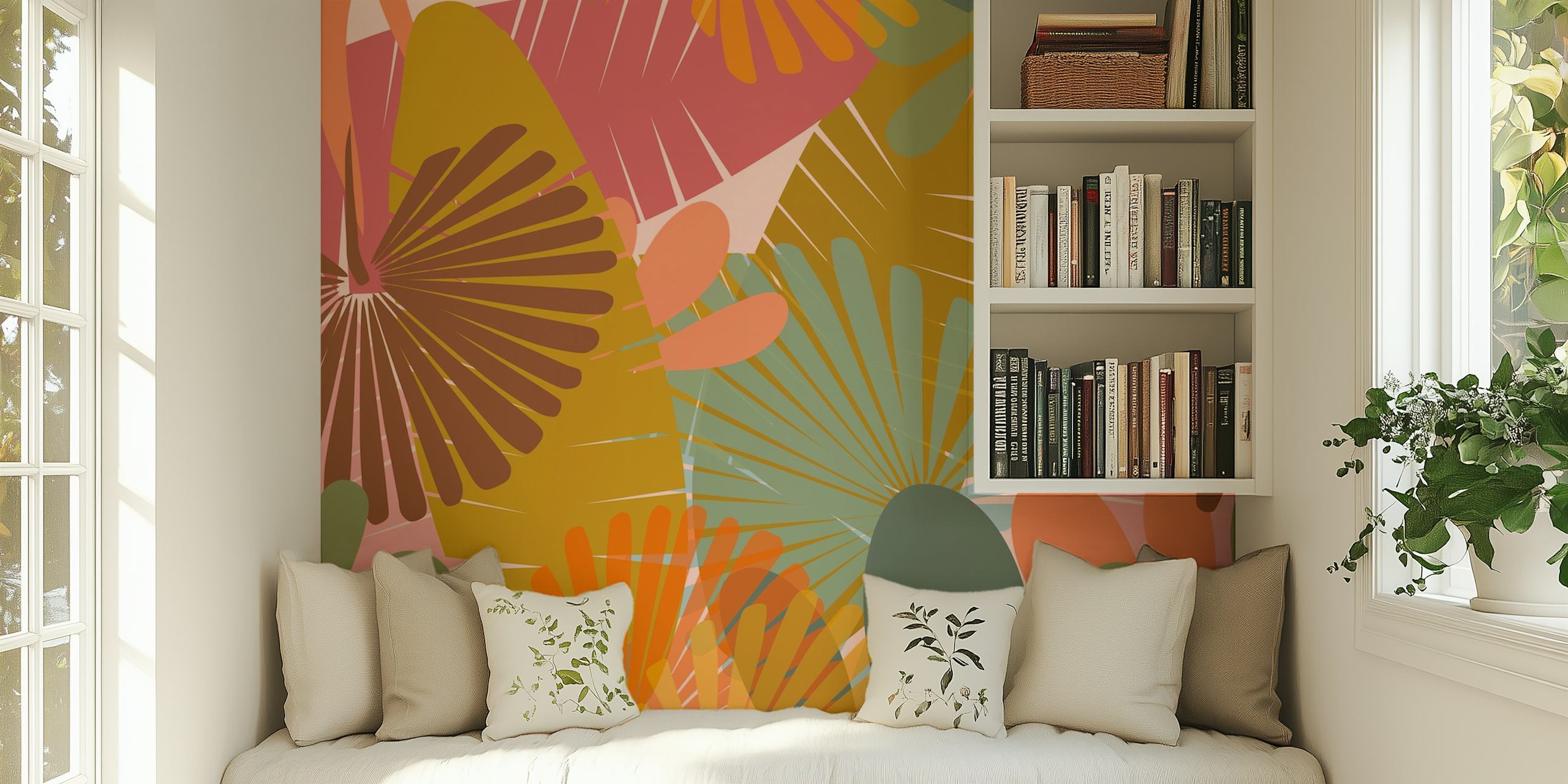 Abstract tropical leaf pattern wall mural in coral, ochre, and green hues