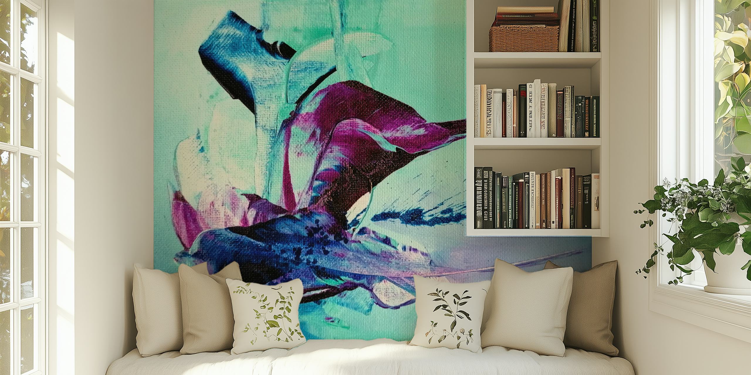Abstraktes Wandbild mit türkisen und magentafarbenen Farben, das einen wilden Farbtanz darstellt.