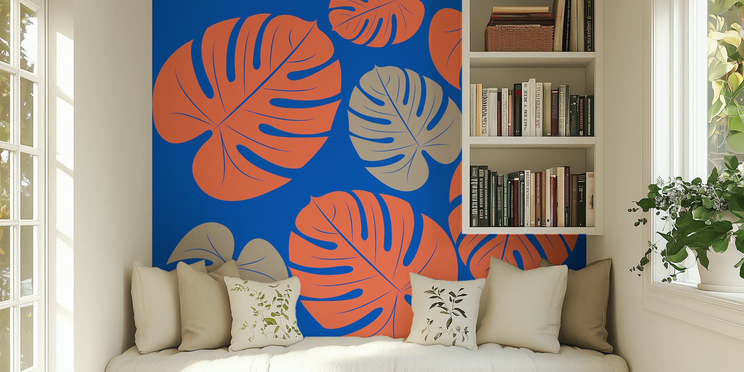 Cobalt blue wallpaper with orange and tan leaves