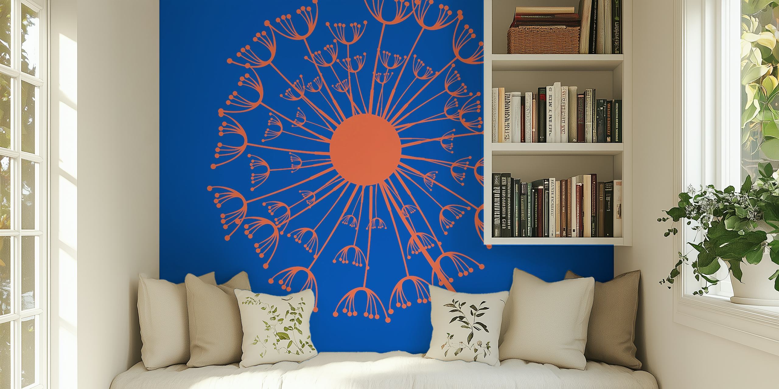 Azure blue orange dandelion wallpaper in a room