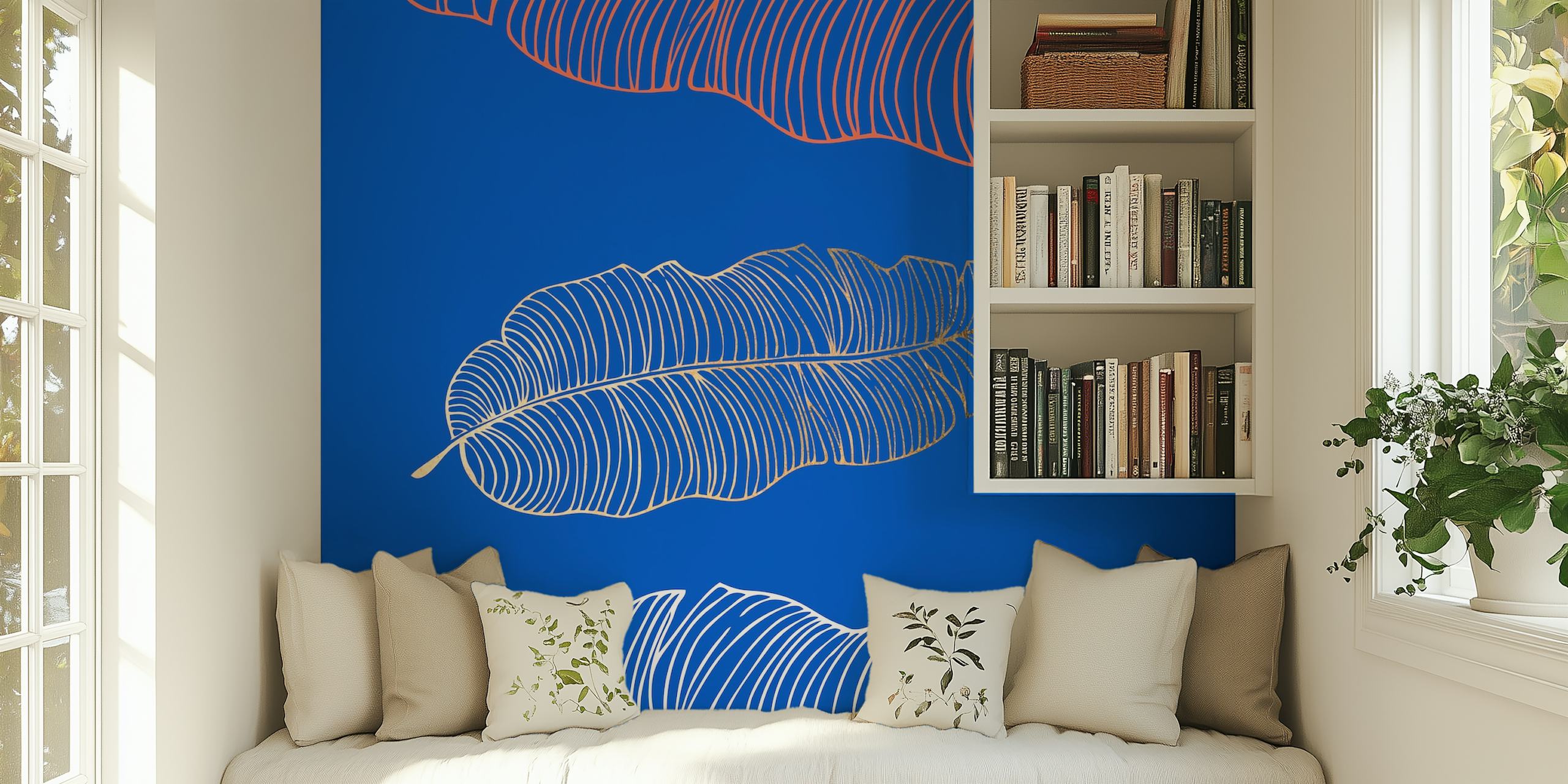 Azure Blue Banana Leaves Pattern exibido em uma sala