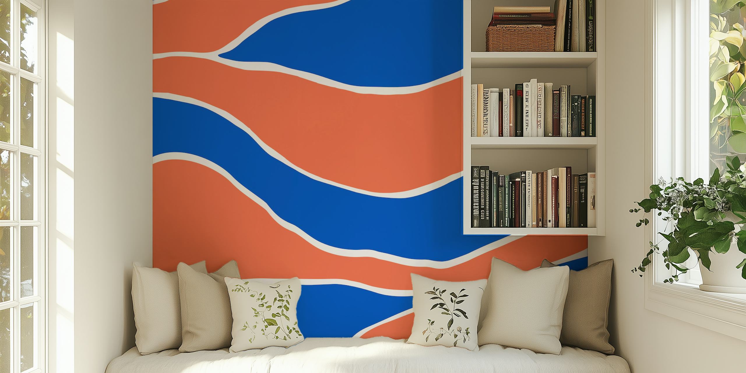 Abstract wallpaper featuring navy blue and coral wavy lines